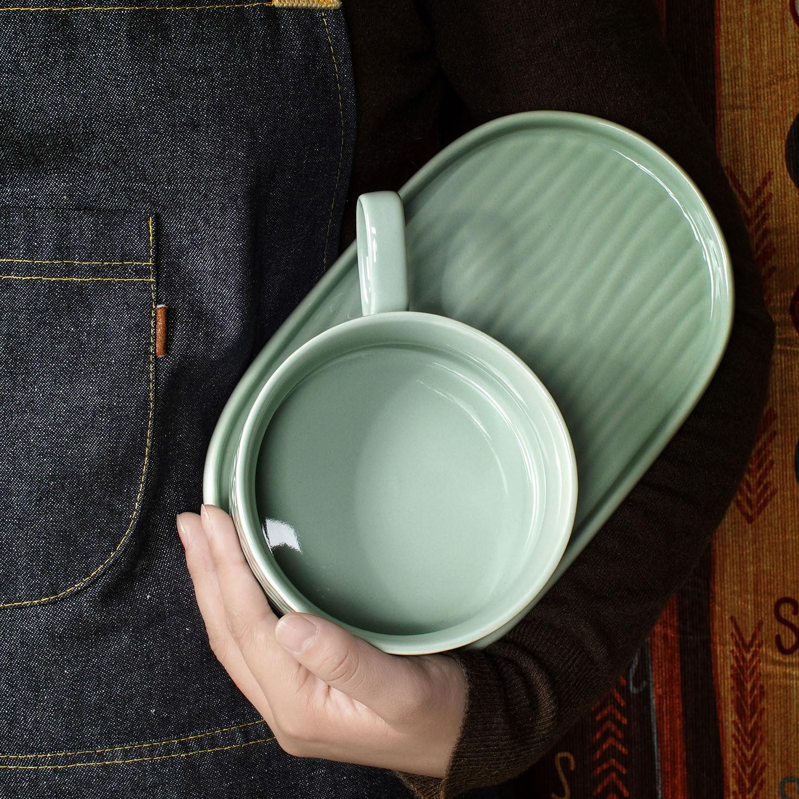Artena 16 oz Ceramic Soup and Sandwich Plate Set - 9.85-inch Glazed Bowls with Handles, Side Plates & Bread Dipping Dishes for Breakfast, Lunch, Dinner - Mint Green Kitchen Dining Tableware for Home & Restaurant Use