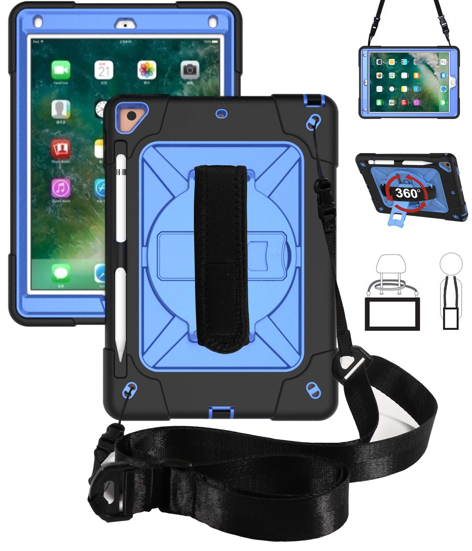 360 Rotating Handle Stand Case for iPad Air 2/Pro 9.7 (2016) & iPad 6th/5th Gen (2017/2018) - Shockproof with Kickstand, Pencil Holder & Shoulder Strap (Black+Blue) | Perfect for Work, Travel & School Use