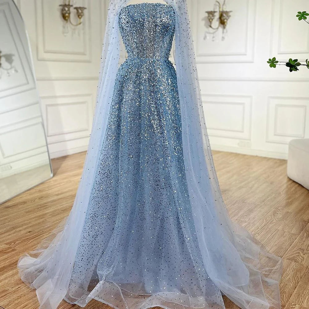 Luxury Dubai Saudi Arabic Turquoise Evening Gown with Beaded Dress & Elegant Hooded Cape - Formal Gowns for Women - Perfect for Weddings, Galas & Special Occasions