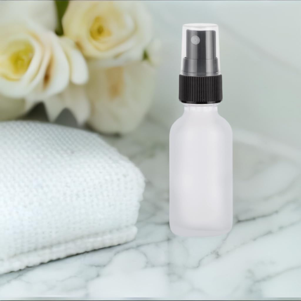 JUVITUS 2 oz Frosted Clear Glass Boston Round Bottles with Black Mist Sprayer (24 Pack) + Free Funnel - Perfect for Essential Oils, DIY Beauty Products & Home Cleaning Solutions