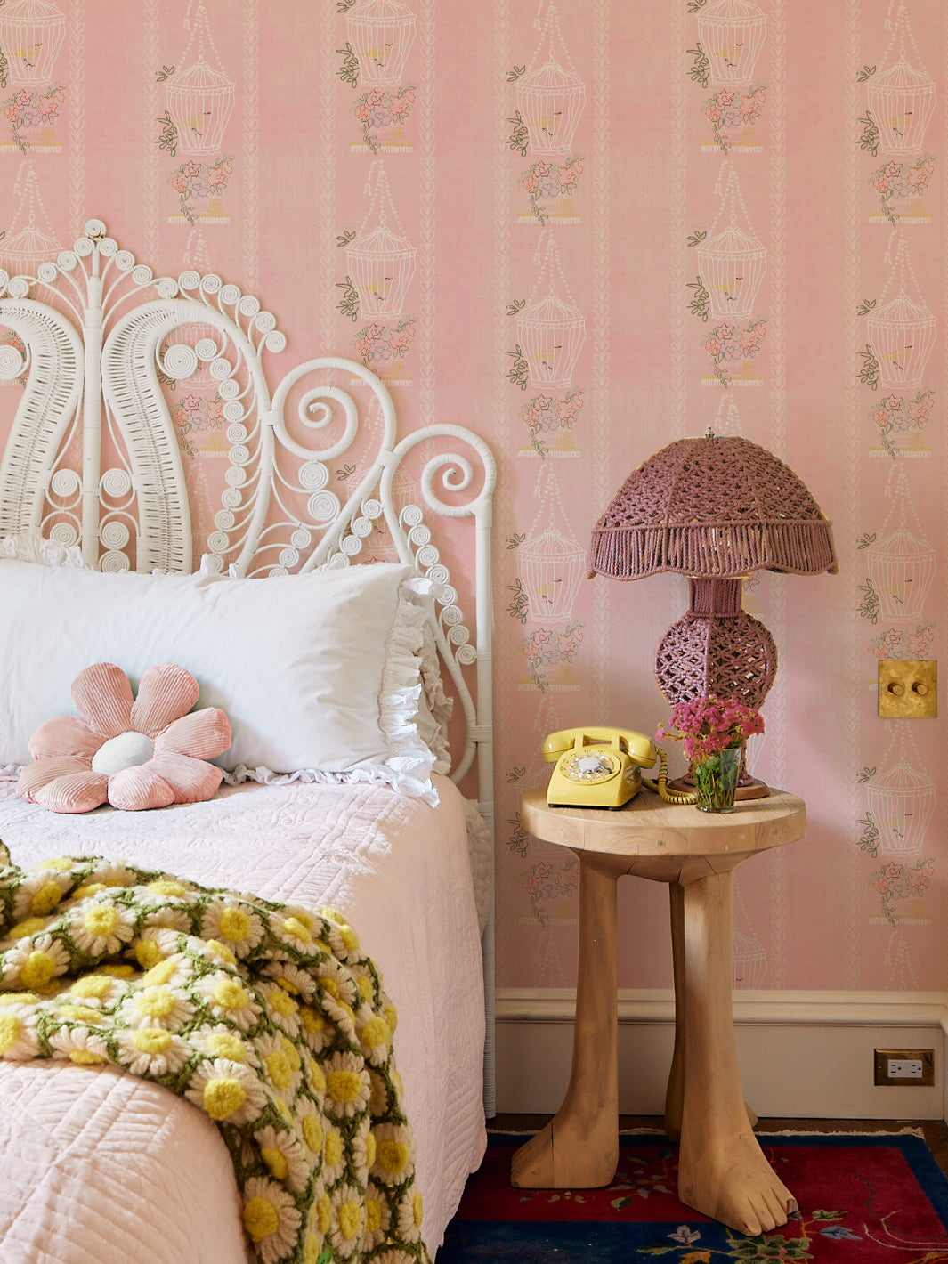 Lingua Franca Embroidered Birdcages Wallpaper - Pink Floral Peel & Stick Wallpaper for Bedroom, Nursery, or Home Decor
