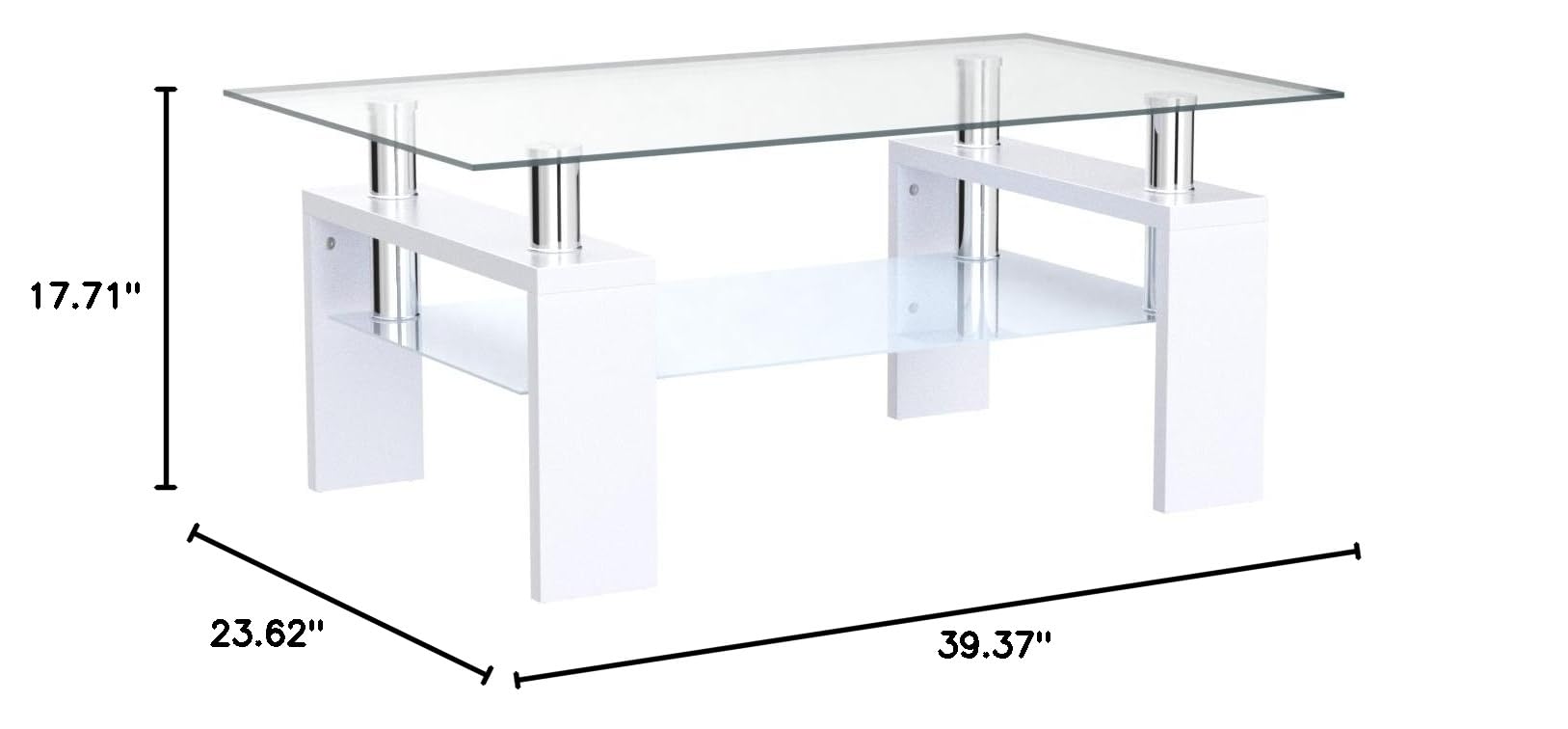 Modern Clear Glass Coffee Table with Wooden Legs & Lower Shelf - Rectangle Living Room Side Table for Home Decor (White) | Perfect for Small Spaces, Apartments & Contemporary Living Rooms