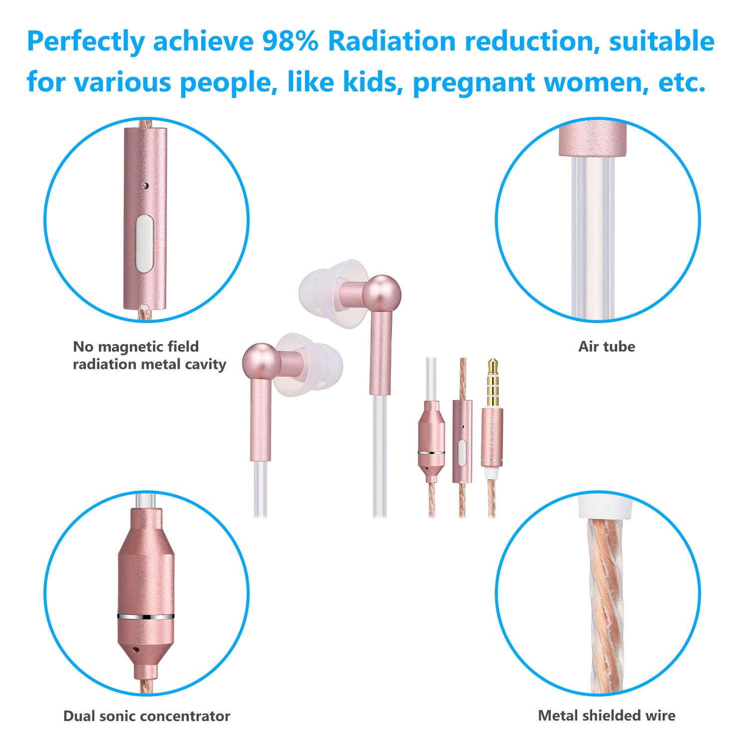 Docooler Anti-Radiation Air Tube Earbuds - EMF-Free Wired Stereo Headphones with Microphone & Volume Control - Rose Gold Wireless Headset for iPhone, Android, Smartphones (Perfect for Workouts, Commuting & Office Use)