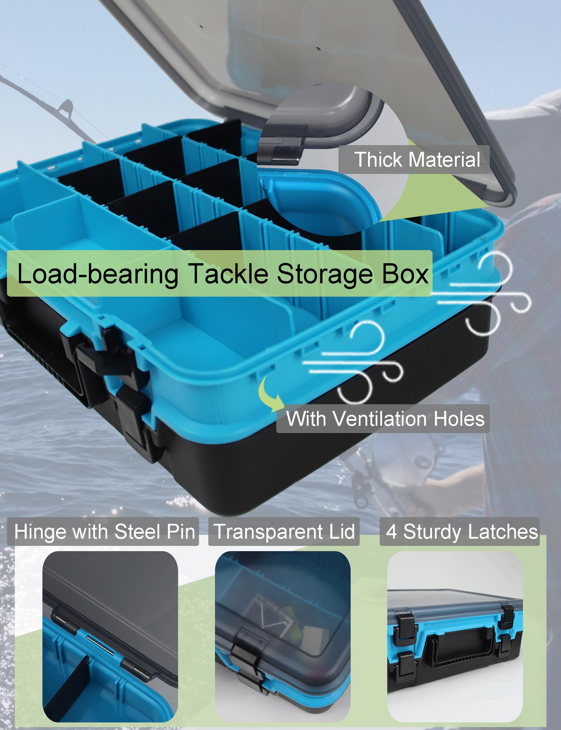 **Large Double-Sided Fishing Tackle Box with Dividers & Handle - Premium Tackle Storage Organizer for Bass, Trout & Saltwater Fishing - Perfect for Boat, Shore & Kayak Fishing Trips**