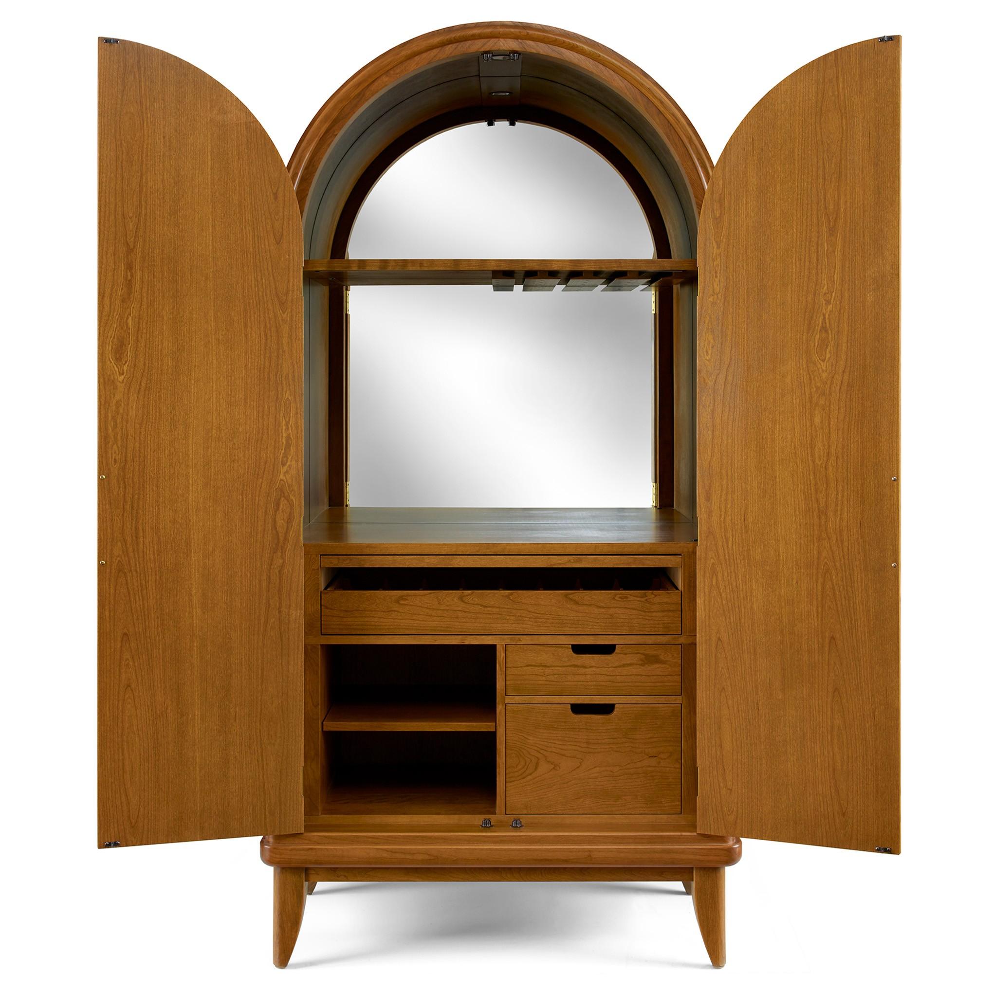 Martine Arched Bar Cabinet - Modern Wooden Liquor Storage with Glass Doors & LED Lighting - Perfect for Home Bar, Dining Room, or Living Room Decor