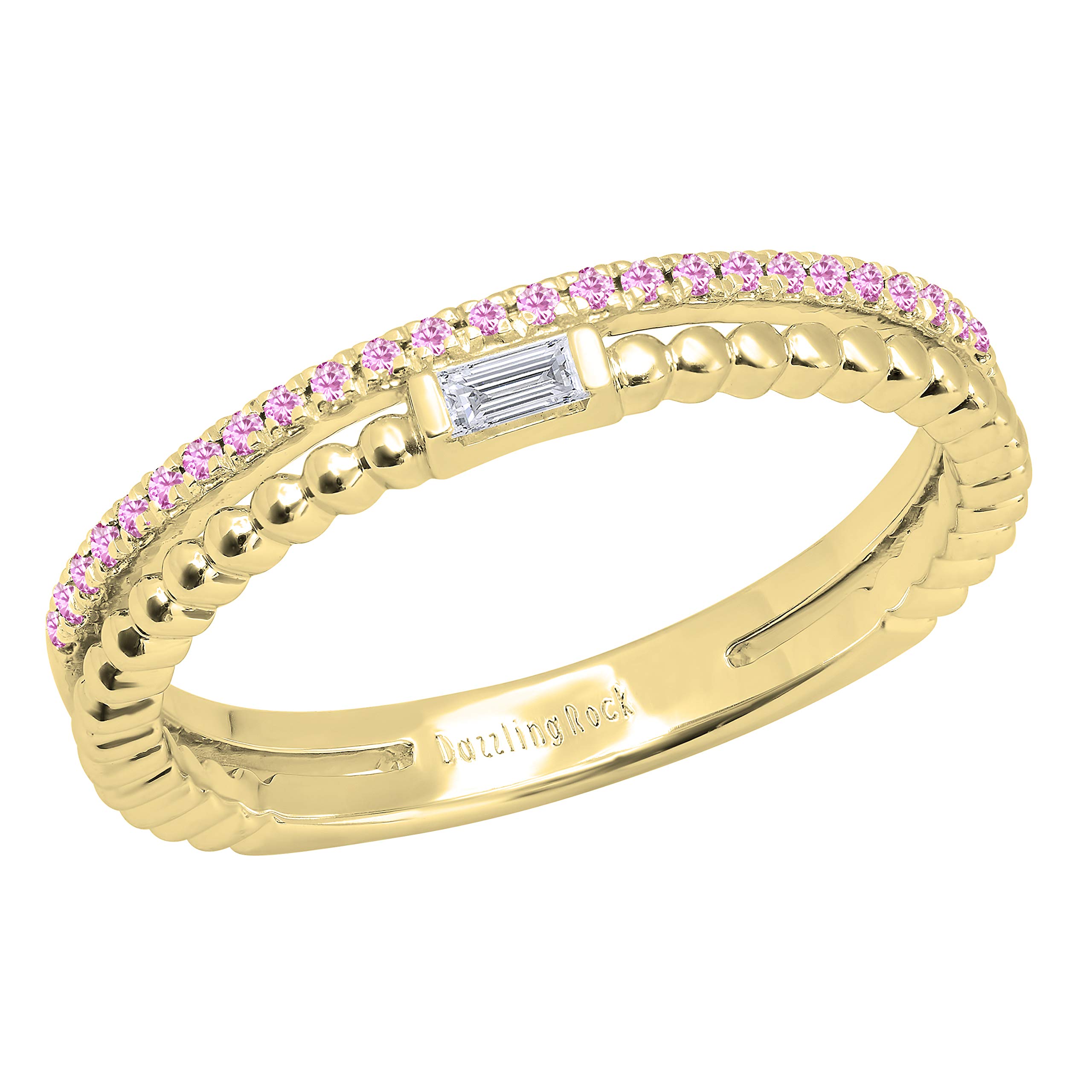 Dazzlingrock 10K Yellow Gold Round Gemstone & Baguette White Diamond Beaded Engagement Ring for Women - Perfect for Proposals, Anniversaries & Special Occasions