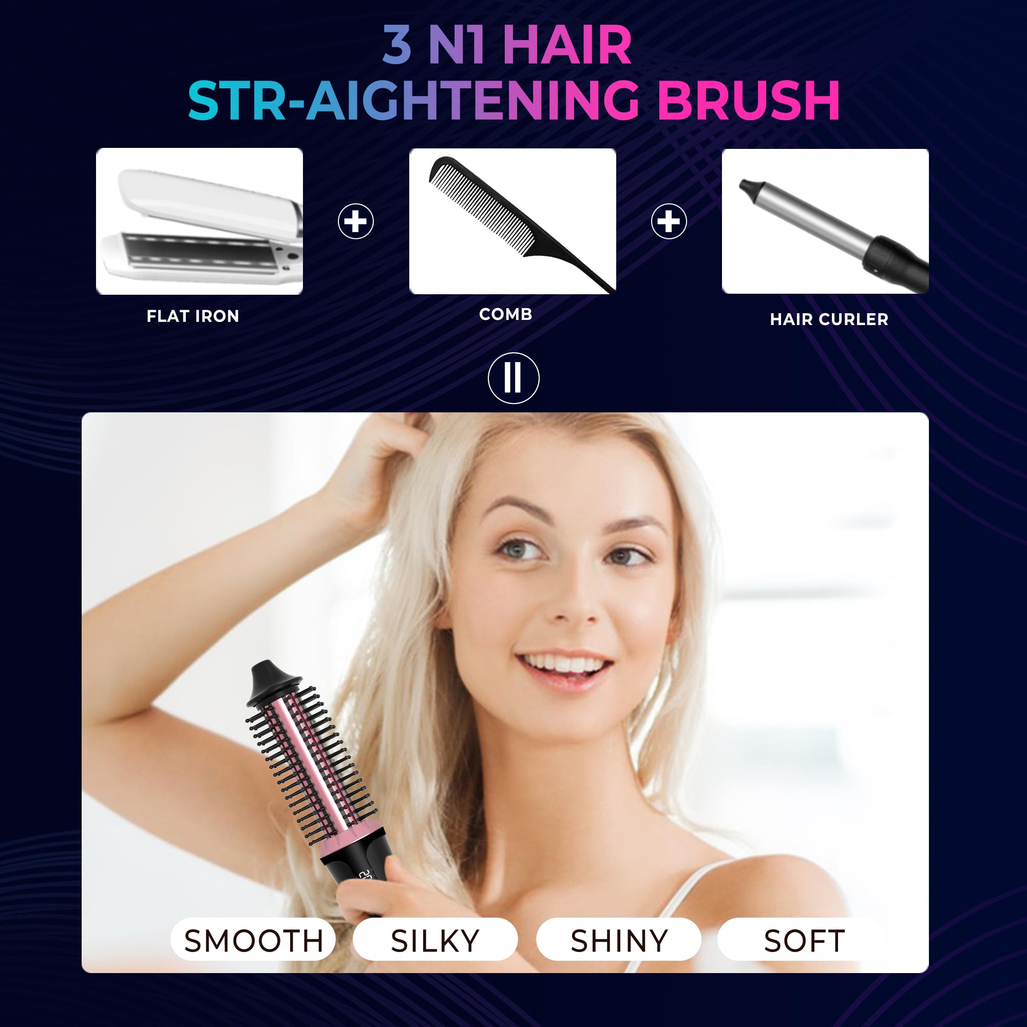 USB Rechargeable 3-in-1 Hot Brush for Hair Styling - 22mm Thermal Round Brush, Volumizer & Curl Brush with 3 Temperature Settings | Cordless Hair Straightener & Styling Tool for Home, Travel & Salon Use (Black)