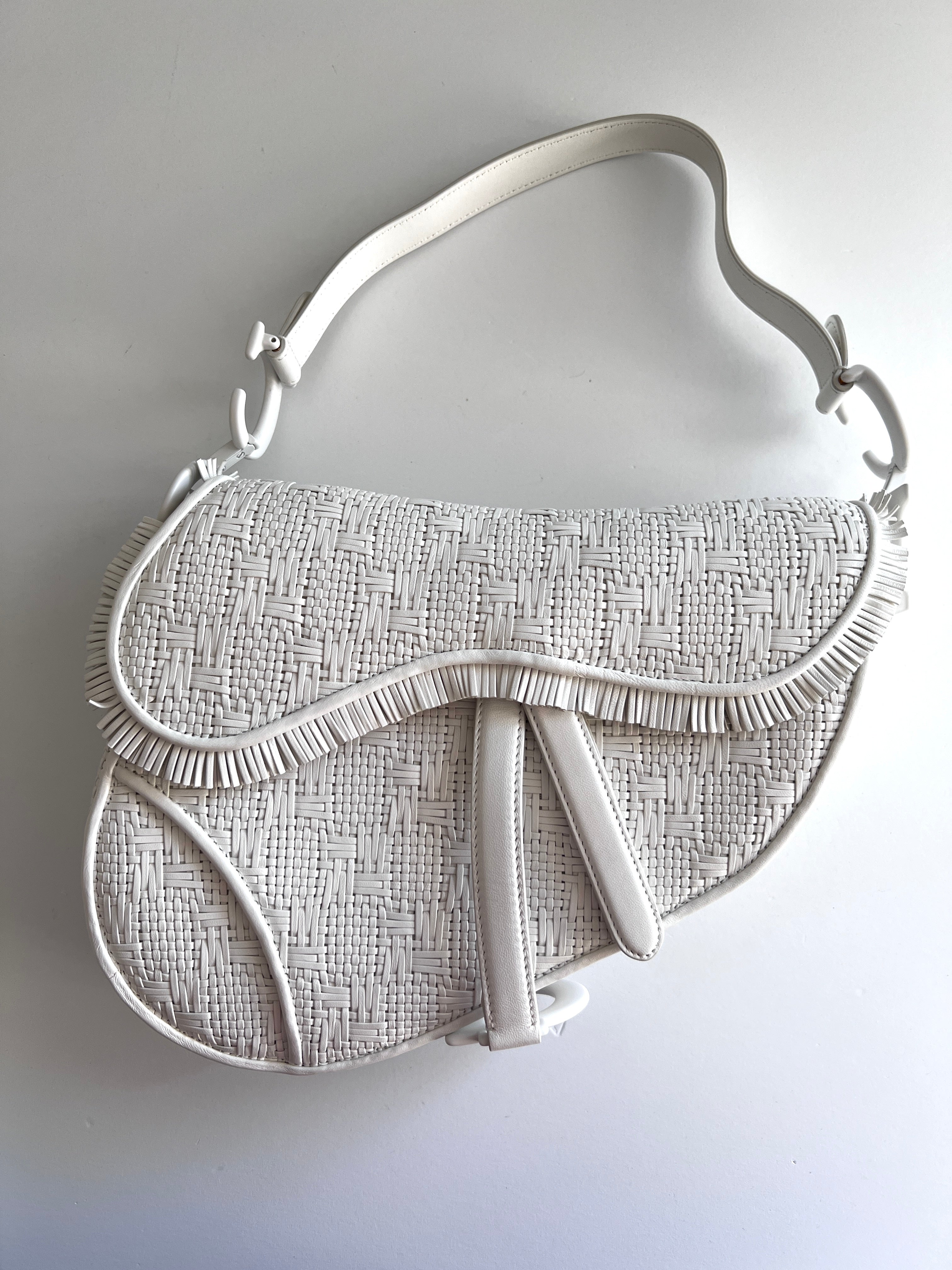 Dior White Leather Woven Saddle Bag for Women - Luxury Designer Handbag for Everyday Use, Work, and Special Occasions