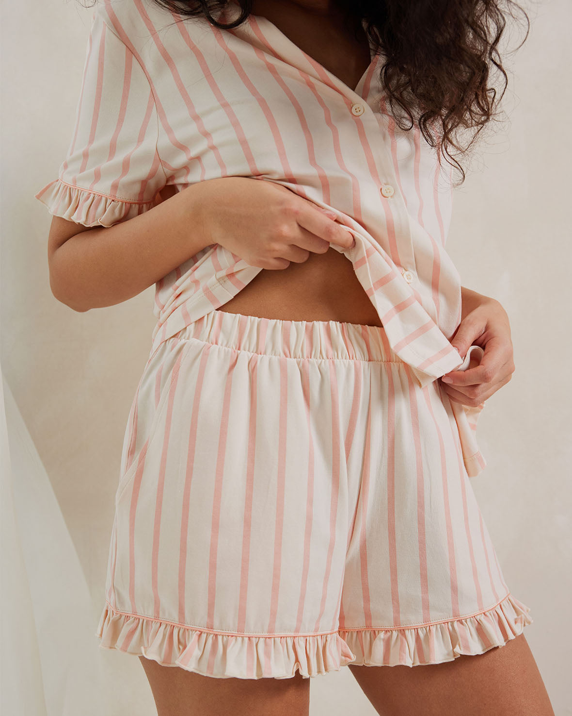 Organic Cotton Pink Striped Frill Short Pajama Set for Women - Soft & Comfortable Sleepwear for Summer Nights & Lounge Wear