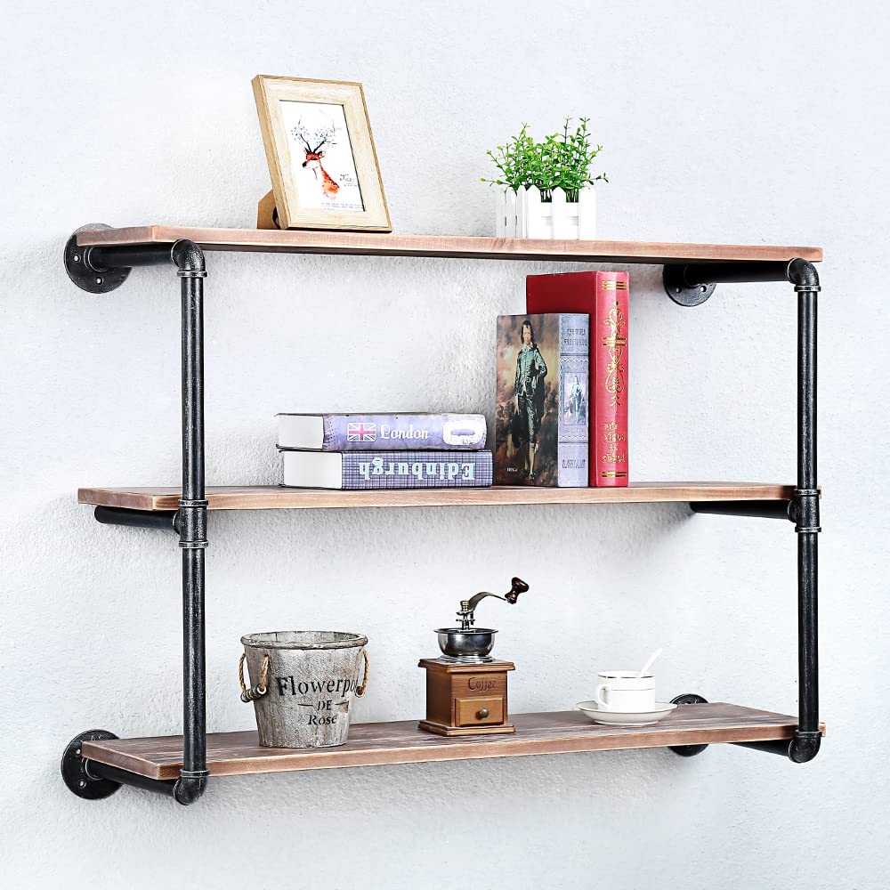 Industrial Pipe Floating Shelves with Wood Shelf - 3 Tier 36 Inch Wall Mounted Metal Shelving for Books & Decor | Perfect for Living Room, Bedroom & Office Storage