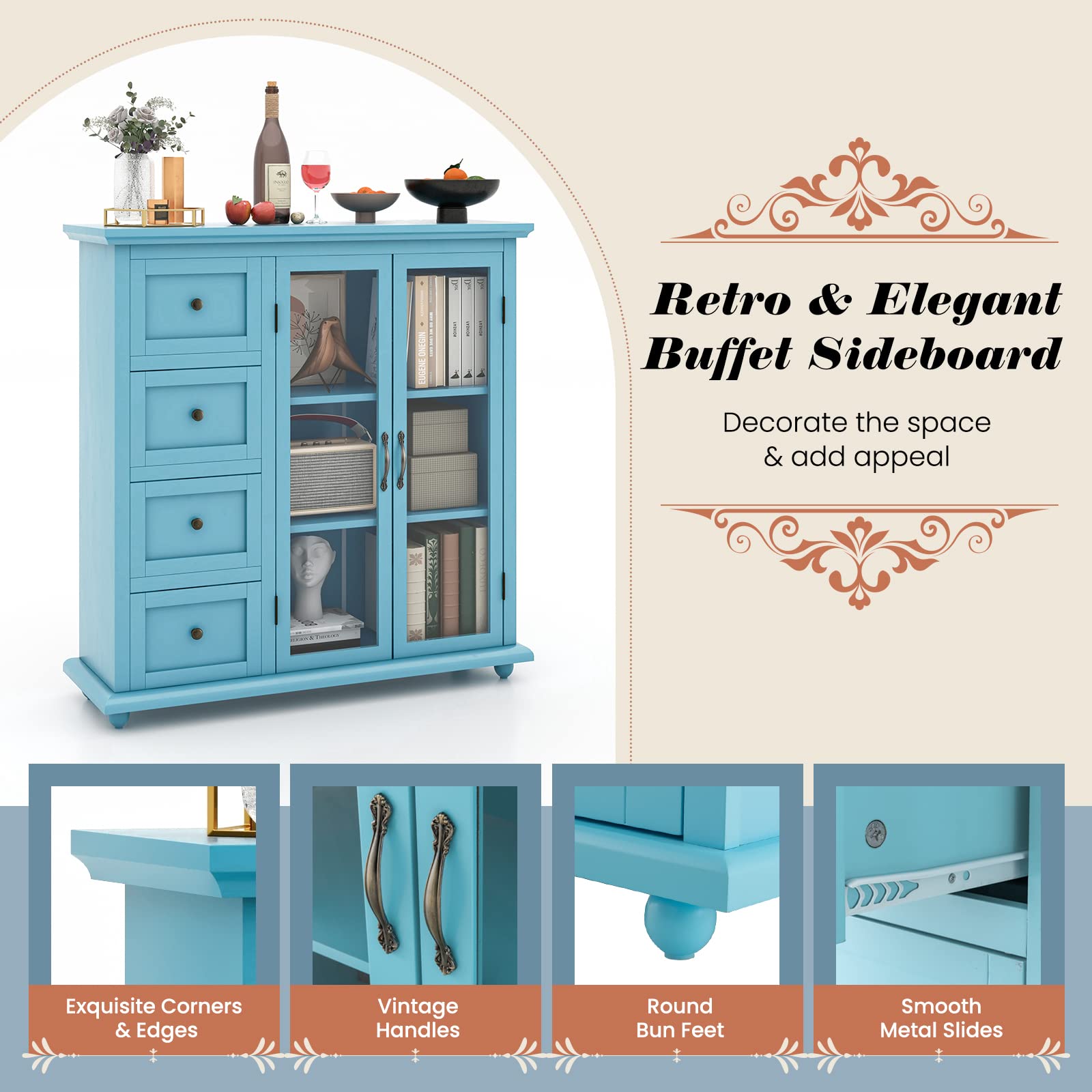 Blue Sideboard Buffet Cabinet with 4 Drawers & Glass Doors for Kitchen & Dining Room Storage