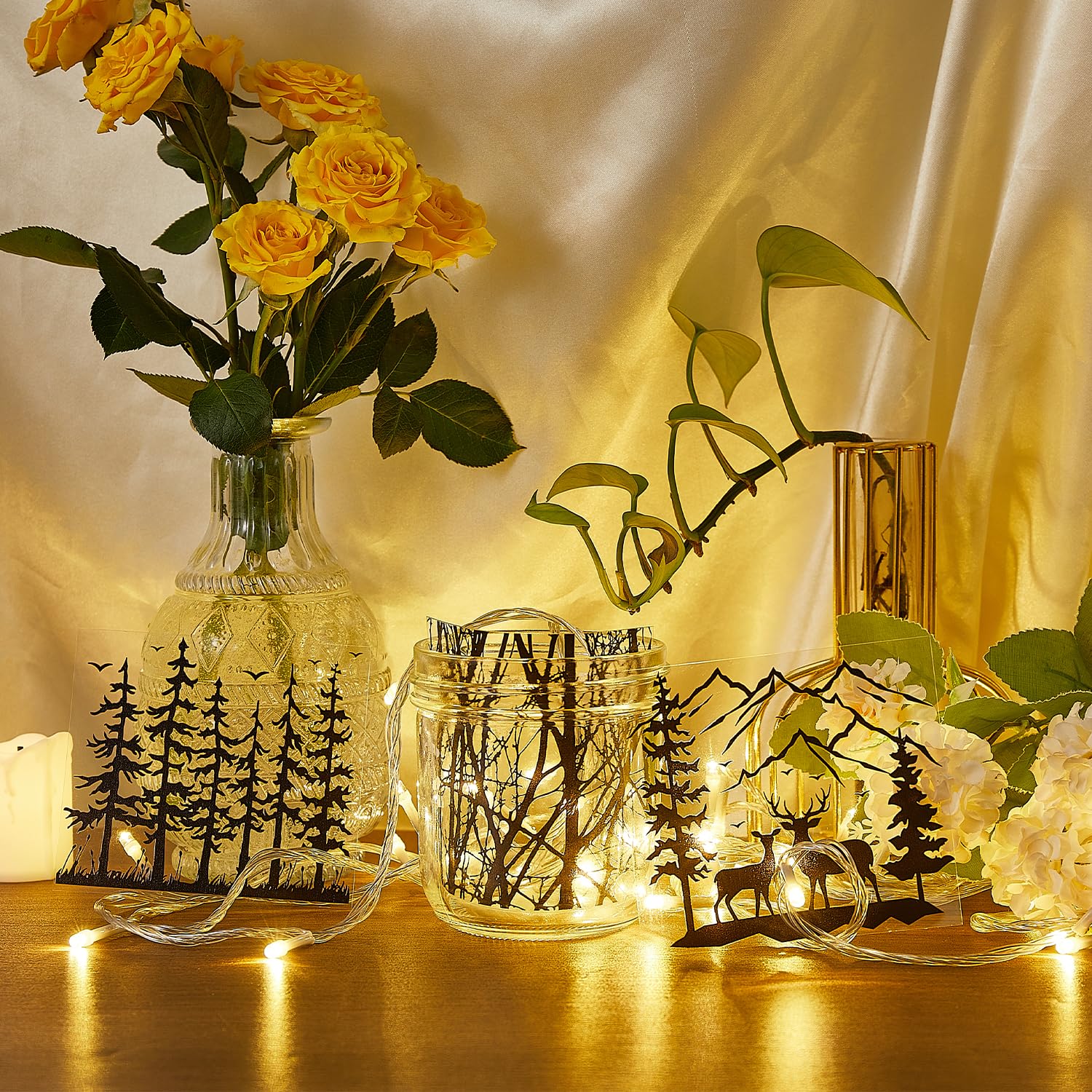 GLOBLELAND Forest Animals Silhouette Jar Cutouts - Decorative Window Clings for Glass, Plastic Wall Art, Mountain & Tree Paper Cutouts - Non-Adhesive Lamp Decals (Perfect for Nursery Decor, DIY Home Projects & Seasonal Window Displays)