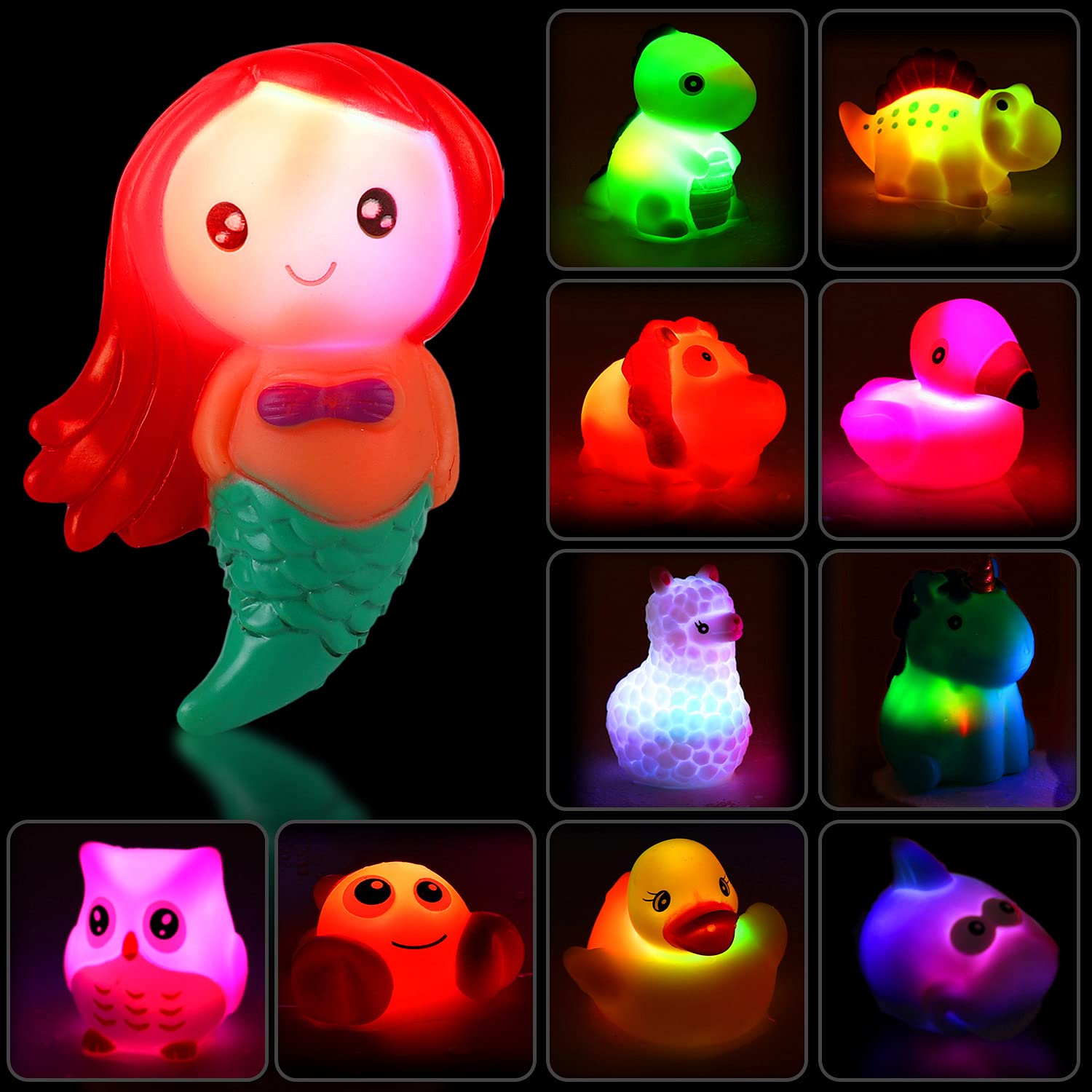 12 PCS LED Light Up Bath Toys with Duck Mesh Storage Organizer - Color Changing Flashing Bathtub Toys for Toddlers & Kids - Fun Mermaid & Duck Water Toys for Sensory Play, Bath Time & Pool Parties