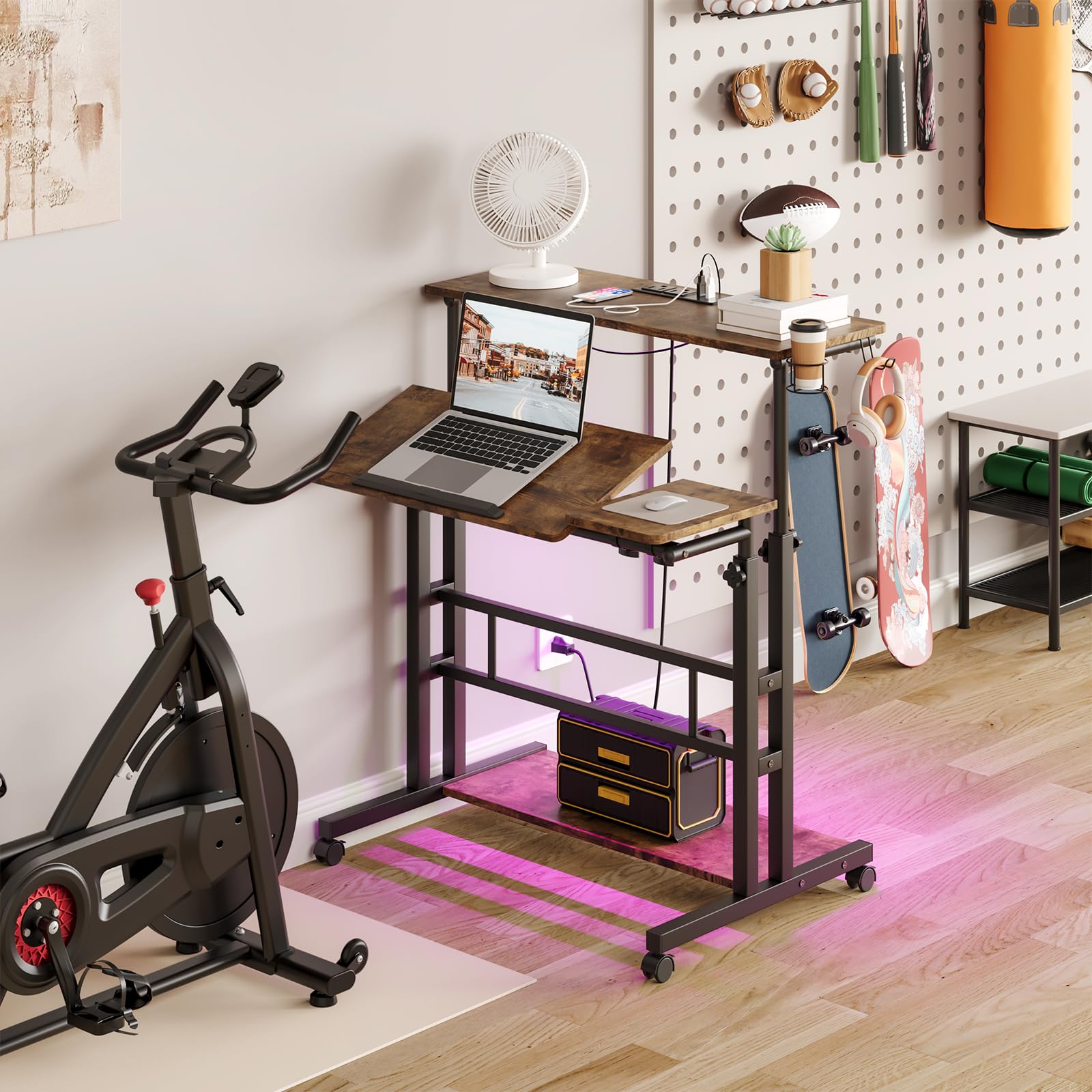 Dripex Adjustable Height Mobile Standing Desk with Power Outlets, LED Strip Lights & Storage - Rolling Computer Table with Cup Holder, Hook & Storage Bag - Perfect for Home Office, Gaming & Art Studio Workspaces