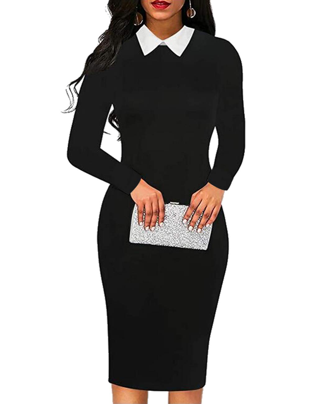 Elegant Peter Pan Collar Women's Work Dress with Sleeves - Professional Sheath Dress for Office, Business Meetings & Formal Occasions