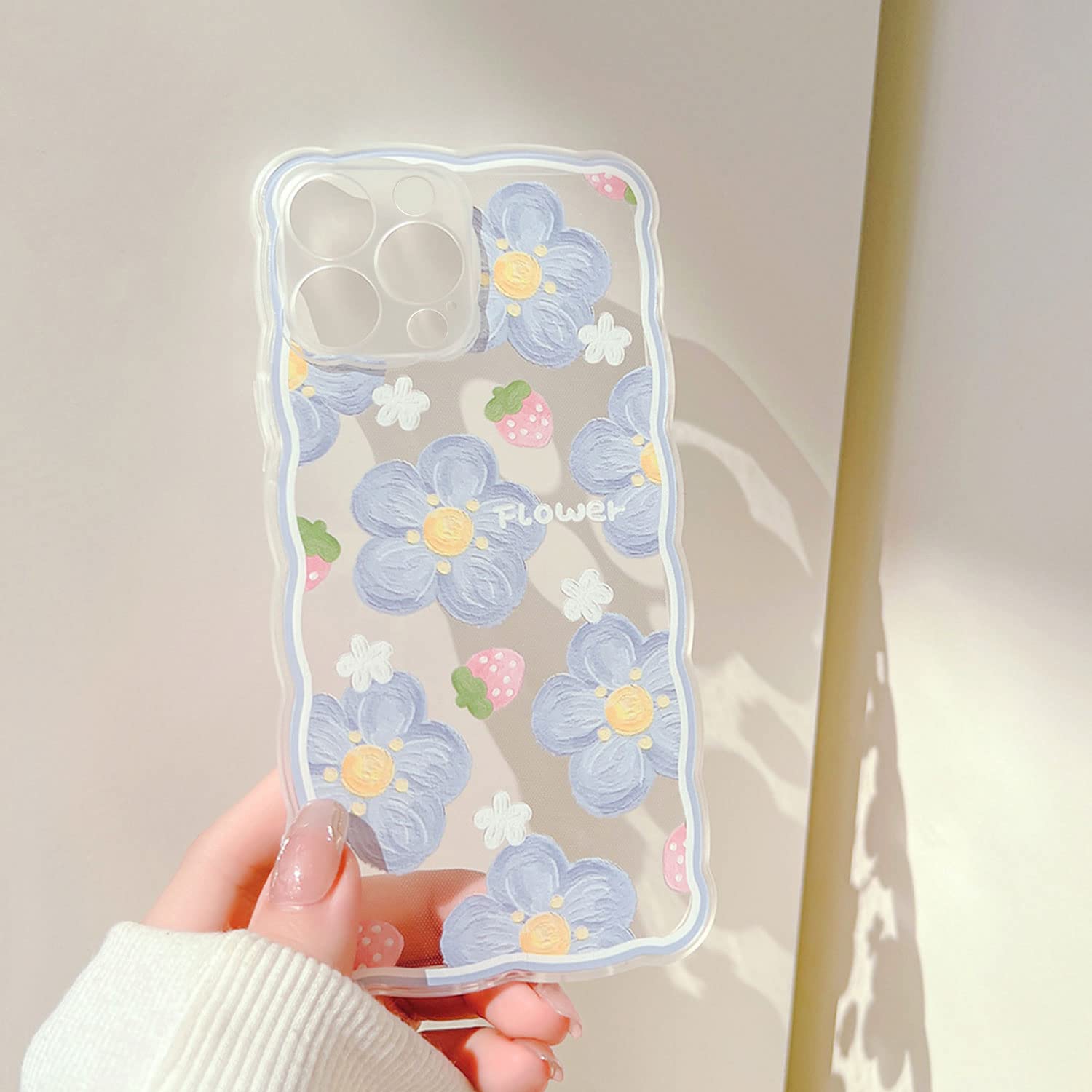 Ownest Clear Floral TPU Case for iPhone 12 Pro Max - Cute Strawberry Lace Design, Slim Shockproof Protective Cover for Women & Girls (Blue) | Perfect for Everyday Use, Work, School & Travel