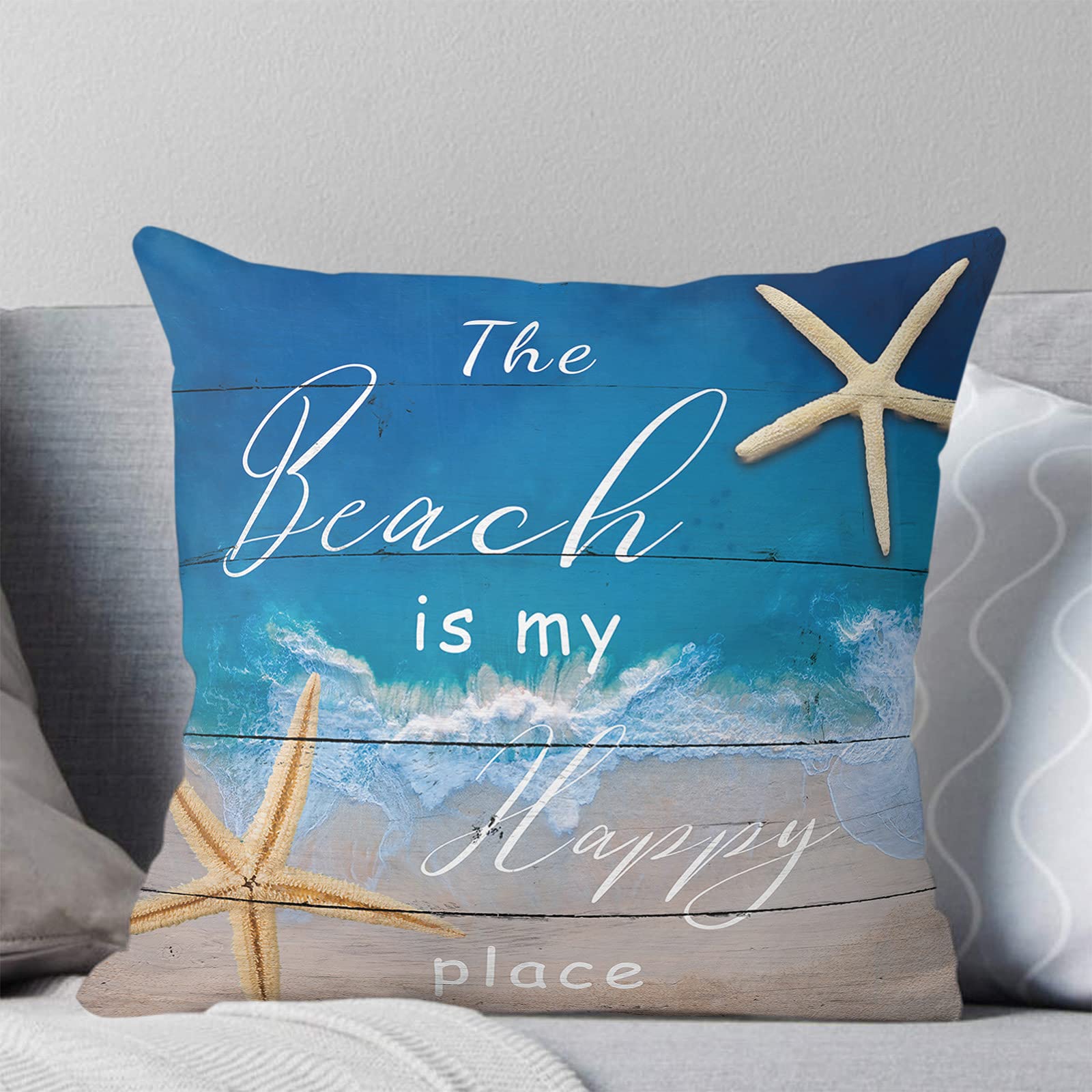 Futuregrace Starfish Beach Throw Pillow Covers 20x20 Inch - Blue Wood Print Decorative Cushion Cases for Sofa, Couch & Bed - Perfect for Coastal Living Room & Bedroom Decor - Brings Beach Vacation Vibes to Your Home
