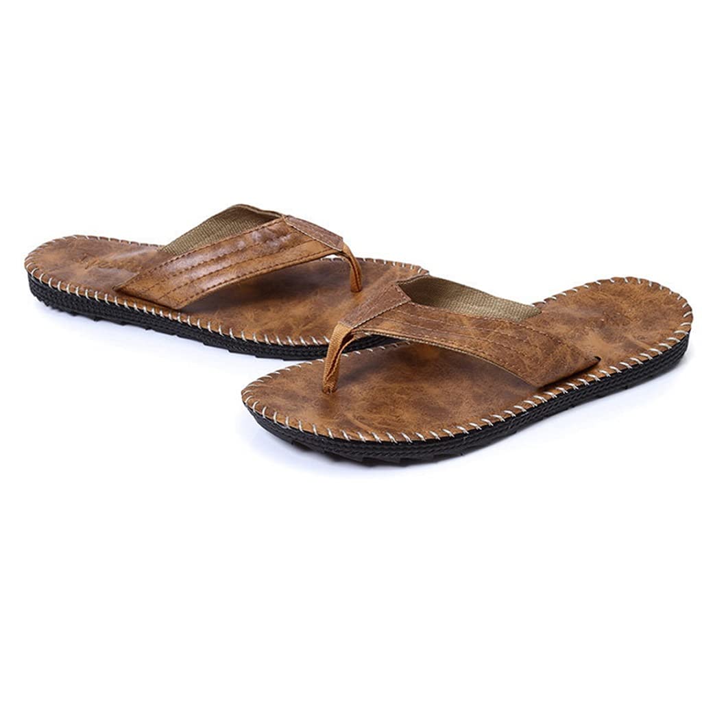 SKREOJF Men's Leather Flip Flops - Non-Slip Beach Sandals & Casual Summer Slippers for Men (Brown, Size 9.5) | Perfect for Poolside, Vacation & Outdoor Relaxation