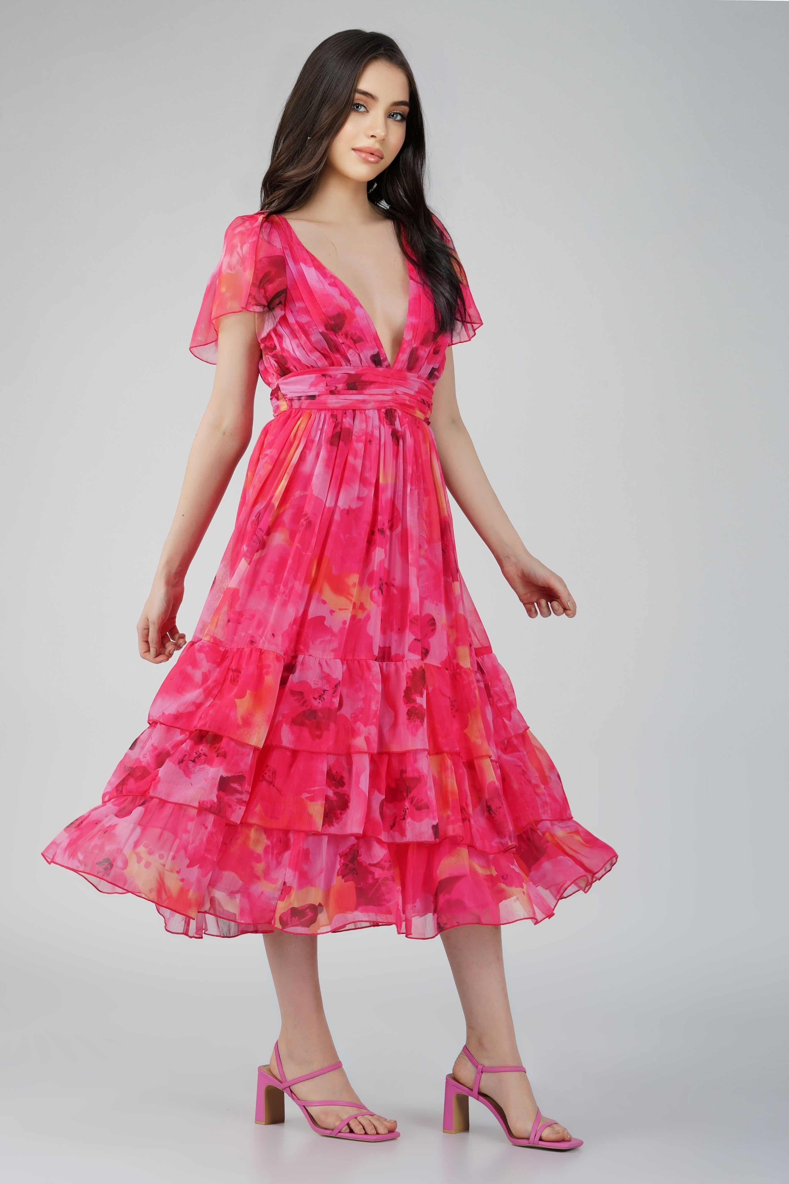 Madison Sunset Pink Chiffon Midi Dress - Elegant Flowy Summer Dress for Women | Perfect for Beach Weddings, Date Nights & Special Occasions