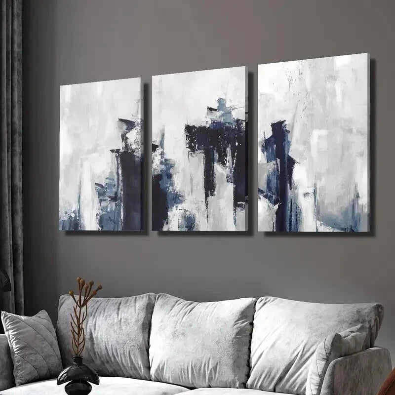 3-Piece Abstract Blue and Gray Oil Painting Wall Art Set - Framed Canvas 40x60cm (16x24in) - High Quality Print - 100% Australian Made - Ready to Hang - Perfect for Living Room, Bedroom & Office Decor