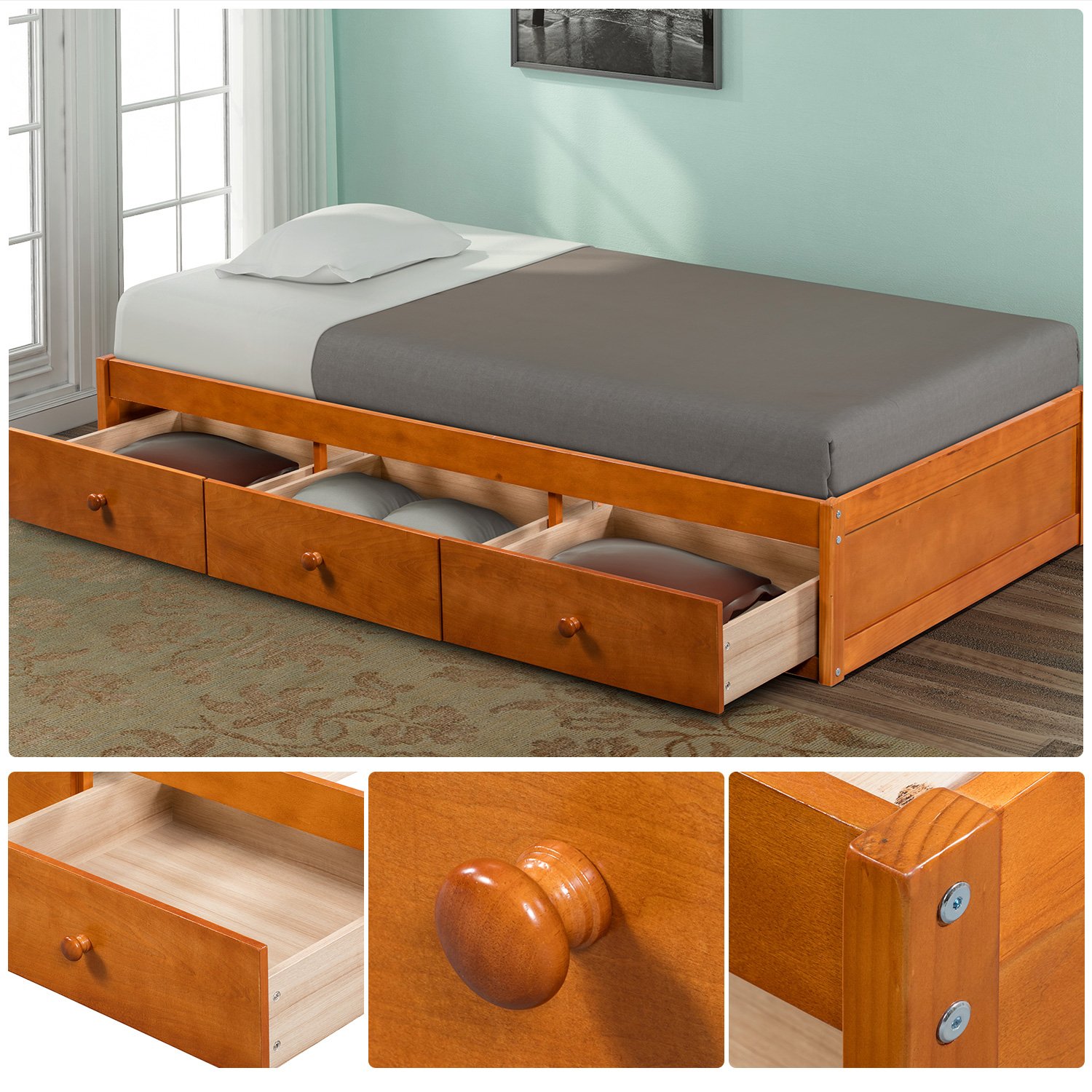 Merax Twin Size Wood Platform Bed with 3 Storage Drawers & Wood Slat Support - No Box Spring Needed - Sturdy Bed Frame for Small Spaces, Guest Rooms & Dormitories