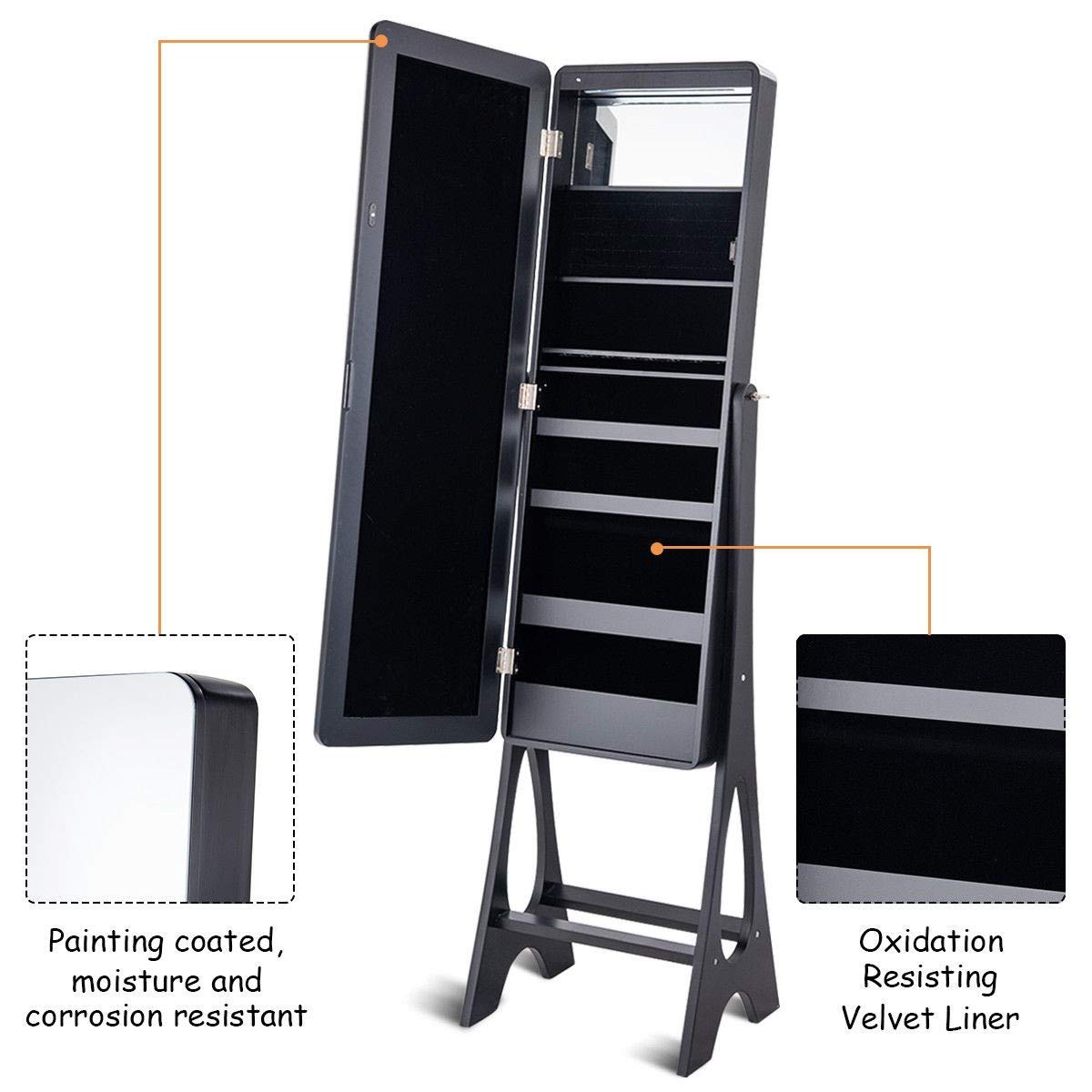 WATERJOY Solid LED Jewelry Armoire Organizer with Full-Length Mirror - 3-Angle Adjustable Standing Jewelry Cabinet with Bevel Edge Mirror - Perfect for Bedroom, Dressing Room & Closet Organization