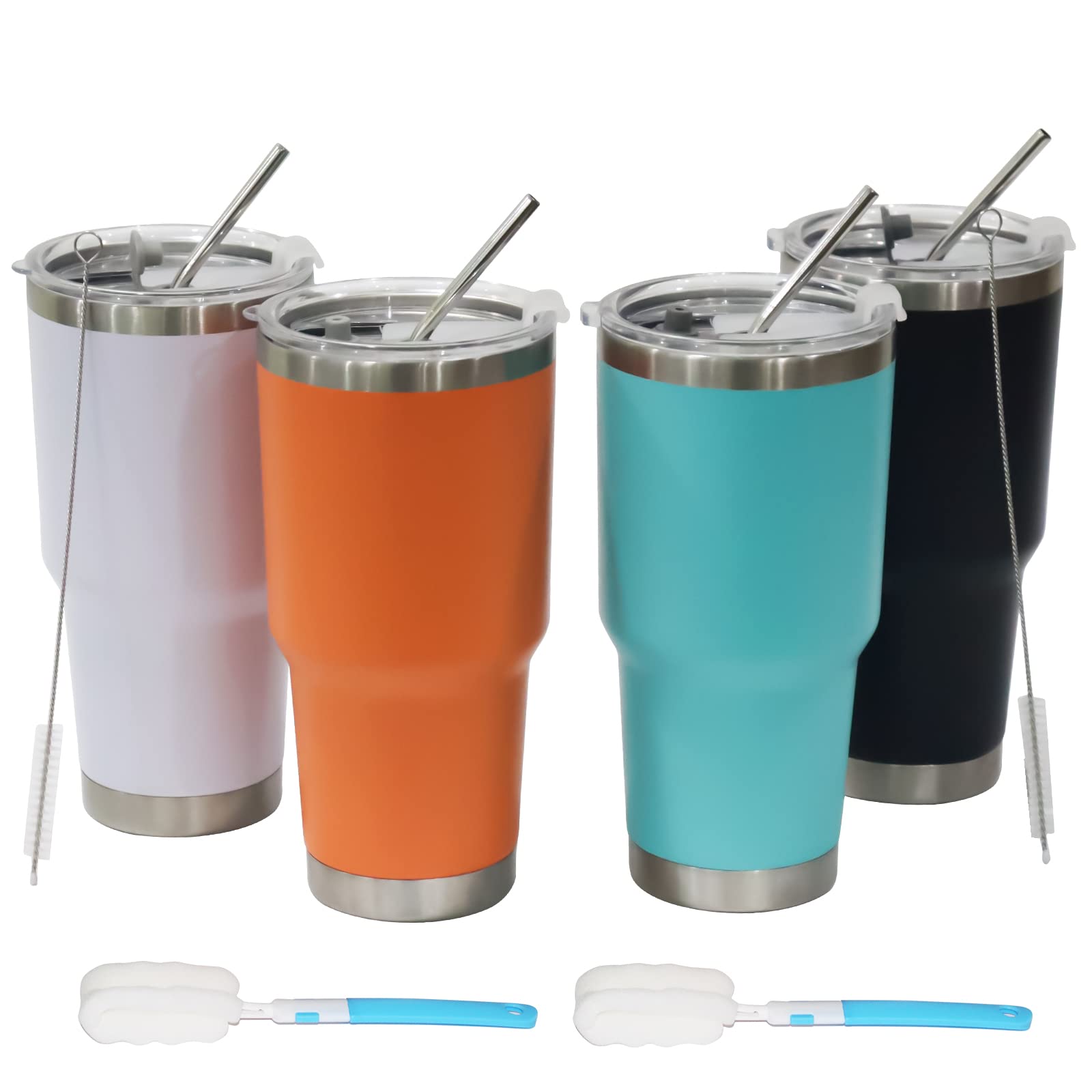 30oz Stainless Steel Tumbler Cup with Lid & Straw - Insulated Travel Mug Keeps Drinks Cold 24 Hours - Leakproof Coffee Cup for Gym, Office, Hiking & Outdoor Activities (4-Pack, Solid Colors)