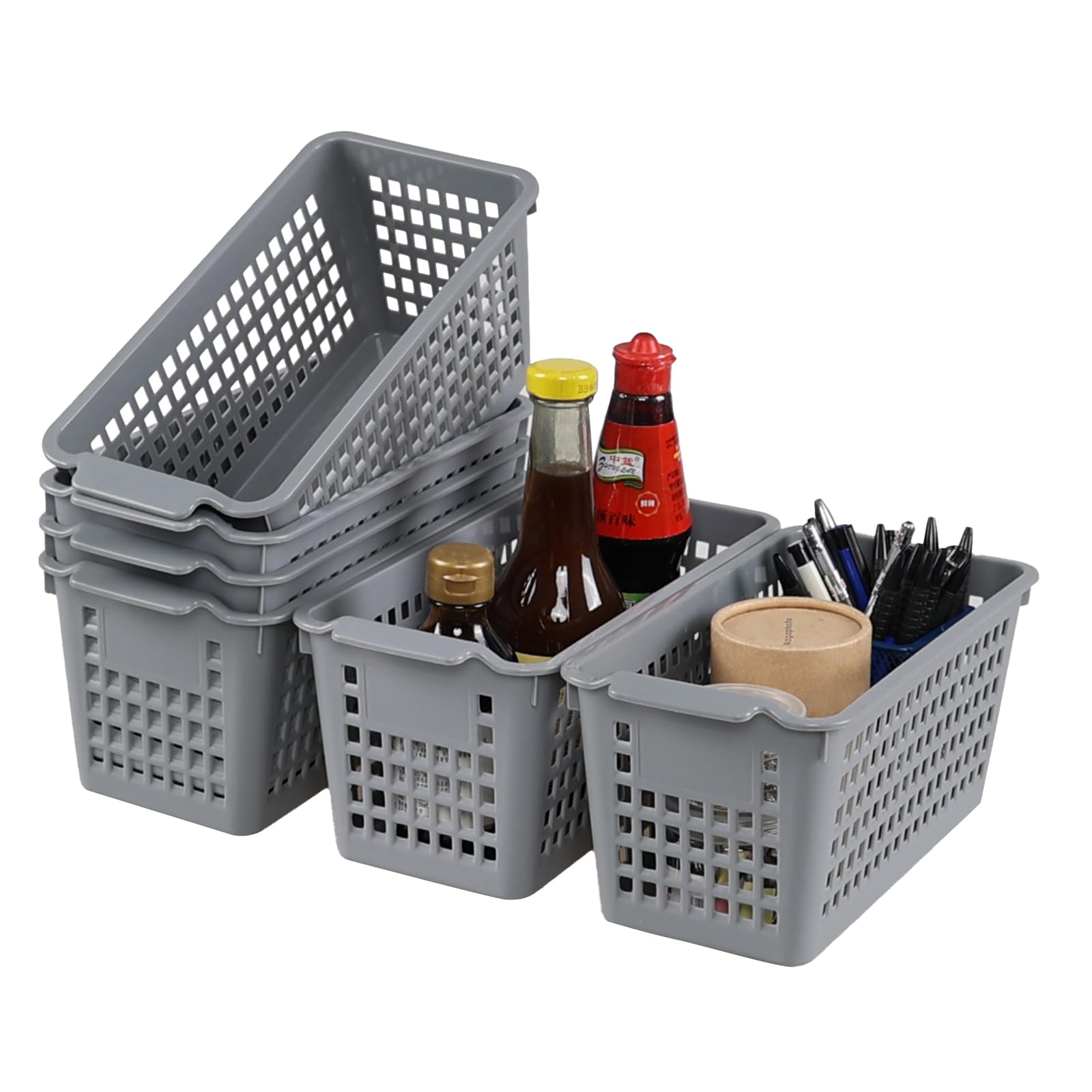 Ggbin Grey Plastic Stacking Storage Baskets - 6 Pack Slim Pantry Organizer Bins for Kitchen, Bathroom & Closet Organization | Space-Saving Home Storage Solution
