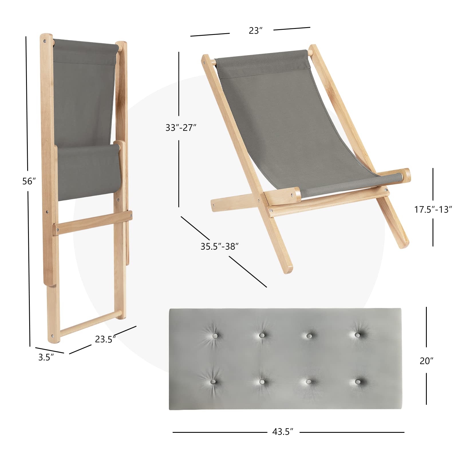 Giantex Adjustable Folding Beach Sling Chair - 3-Position Outdoor Lounge Chaise with Wood Frame & Thick Cushion - Dual Purpose Indoor/Outdoor Use for Sunbathing, Camping, Patio & Living Room Relaxation (Gray, 2-Pack)