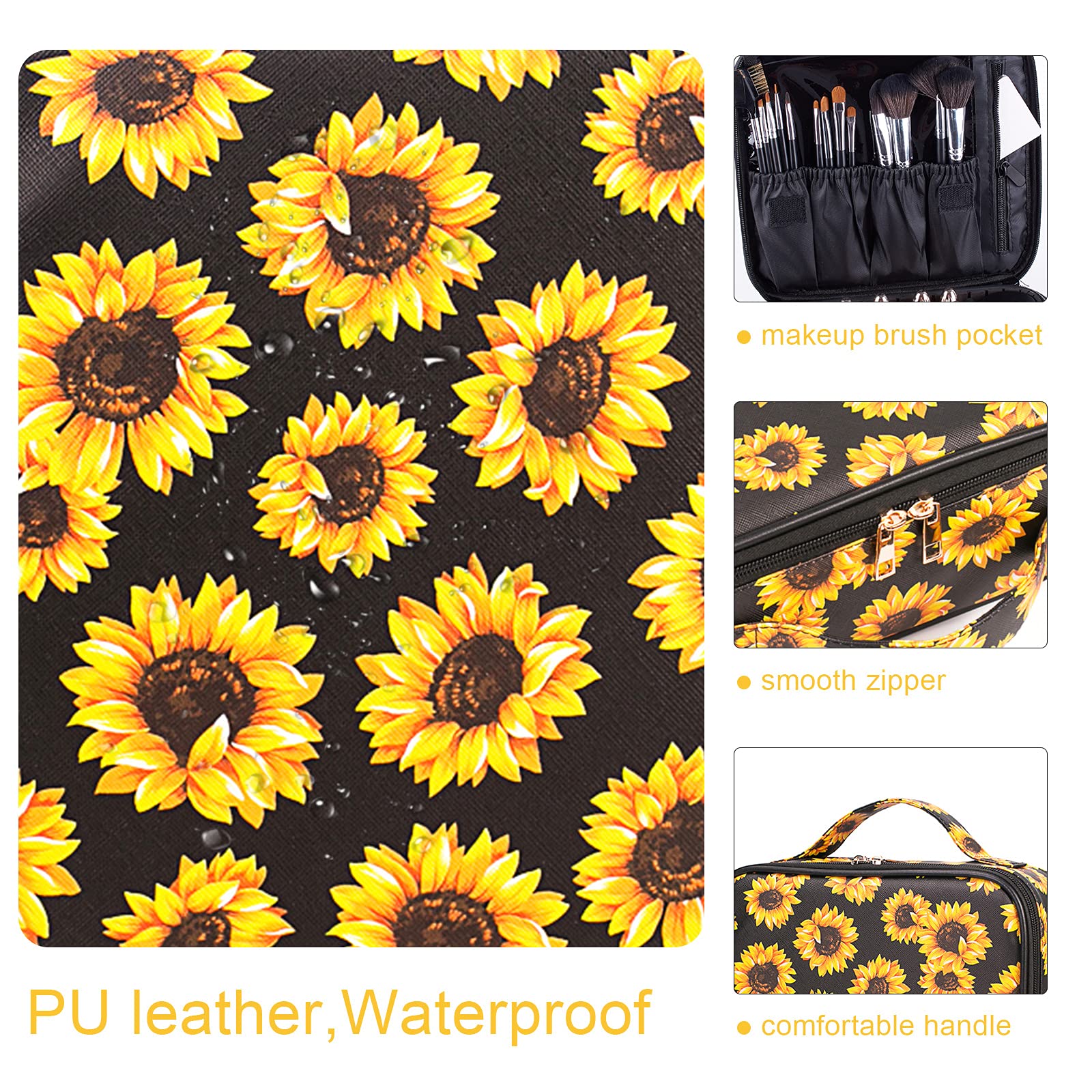 Sunflower Travel Makeup Bag with Adjustable Compartments - Cosmetic Train Case Organizer for Women | Perfect for Makeup Brushes, Toiletries, Jewelry & Digital Accessories Storage | Great for Travel, Gym & Daily Use