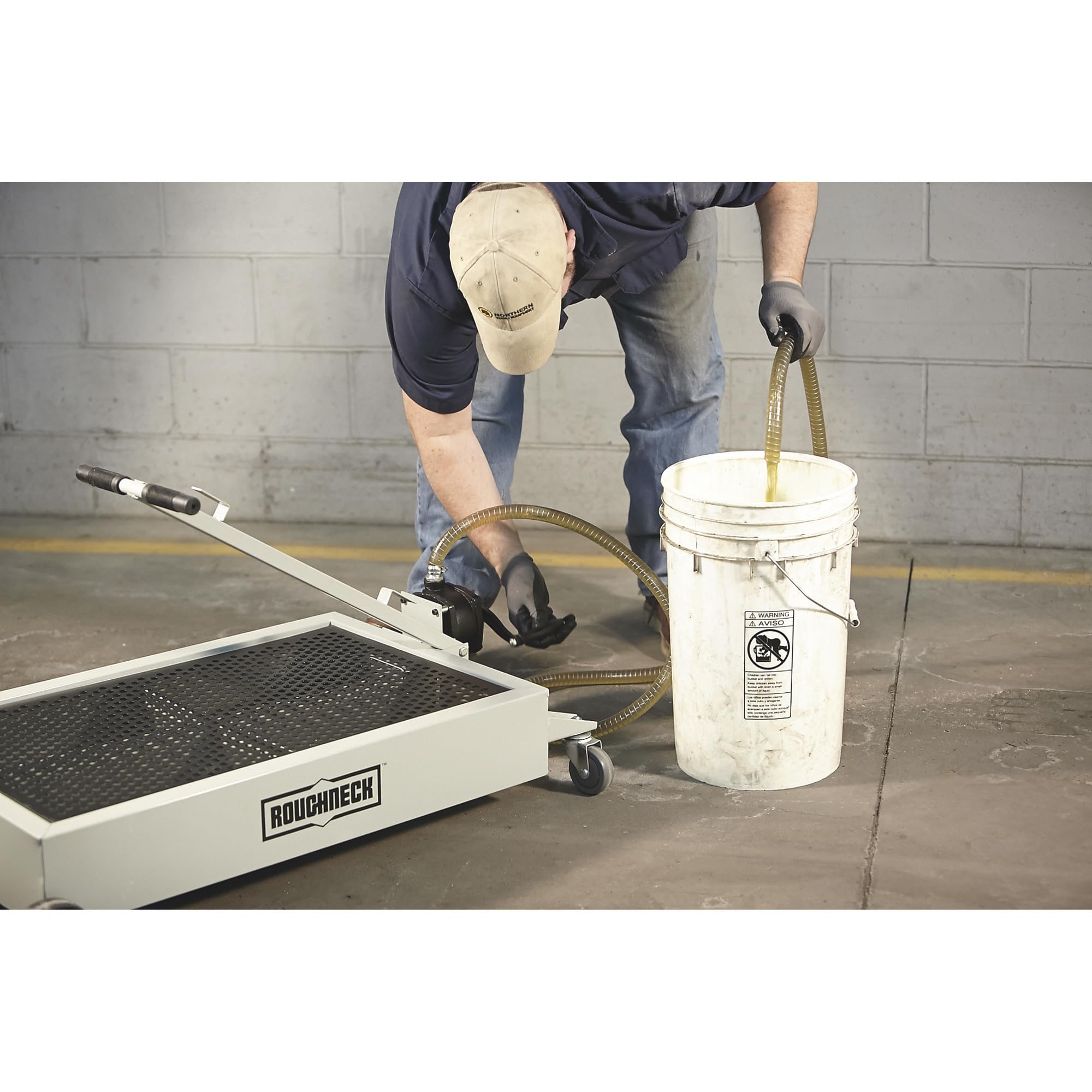 Roughneck Low-Profile Oil Drain - 15-Gallon Capacity Manual Pump with Steel Construction | Perfect for Automotive Workshops, DIY Oil Changes & Heavy Equipment Maintenance