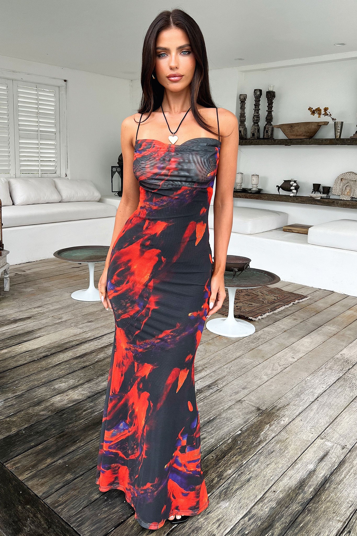 Barb Mesh Maxi Dress - Black & Red | Sexy Long Sleeve Evening Gown for Women | Perfect for Parties, Date Nights & Special Occasions