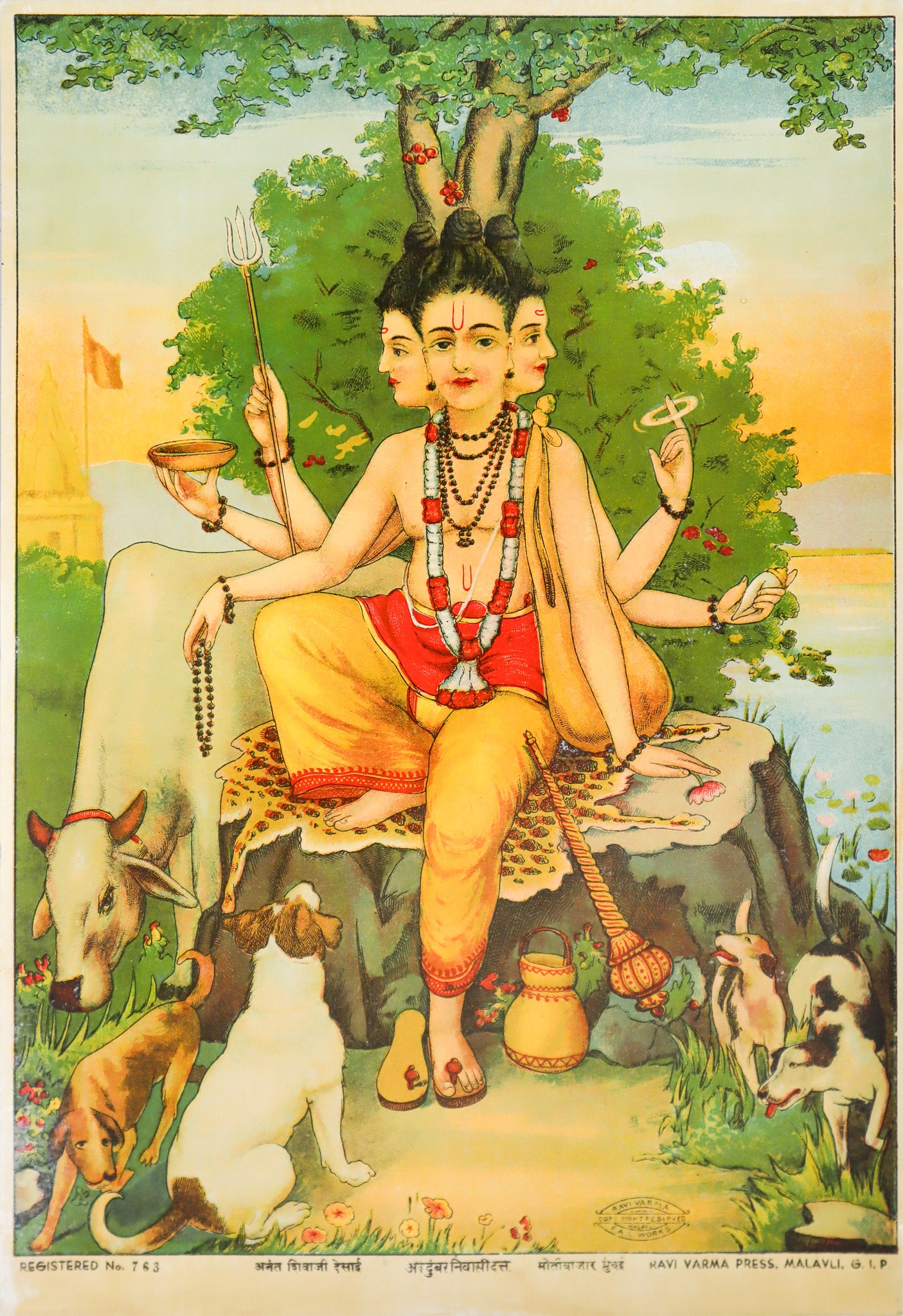 1920 Indian Offset Lithography - Seated Dattatreya Three-Headed God in Yellow with Animals | Ravi Varma Press | Vintage Hindu Art Print for Home Decor & Spiritual Altars