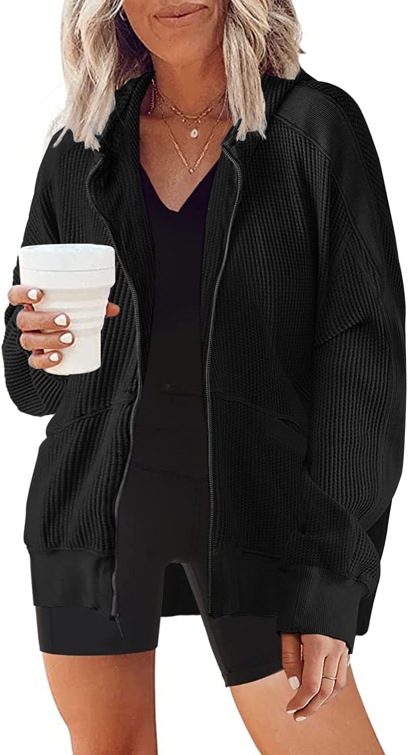 Women's Oversized Waffle Knit Zip Up Hoodie Jacket - Long Sleeve Shacket Blouse with Pockets - Casual Loungewear & Streetwear Fashion for Fall/Winter
