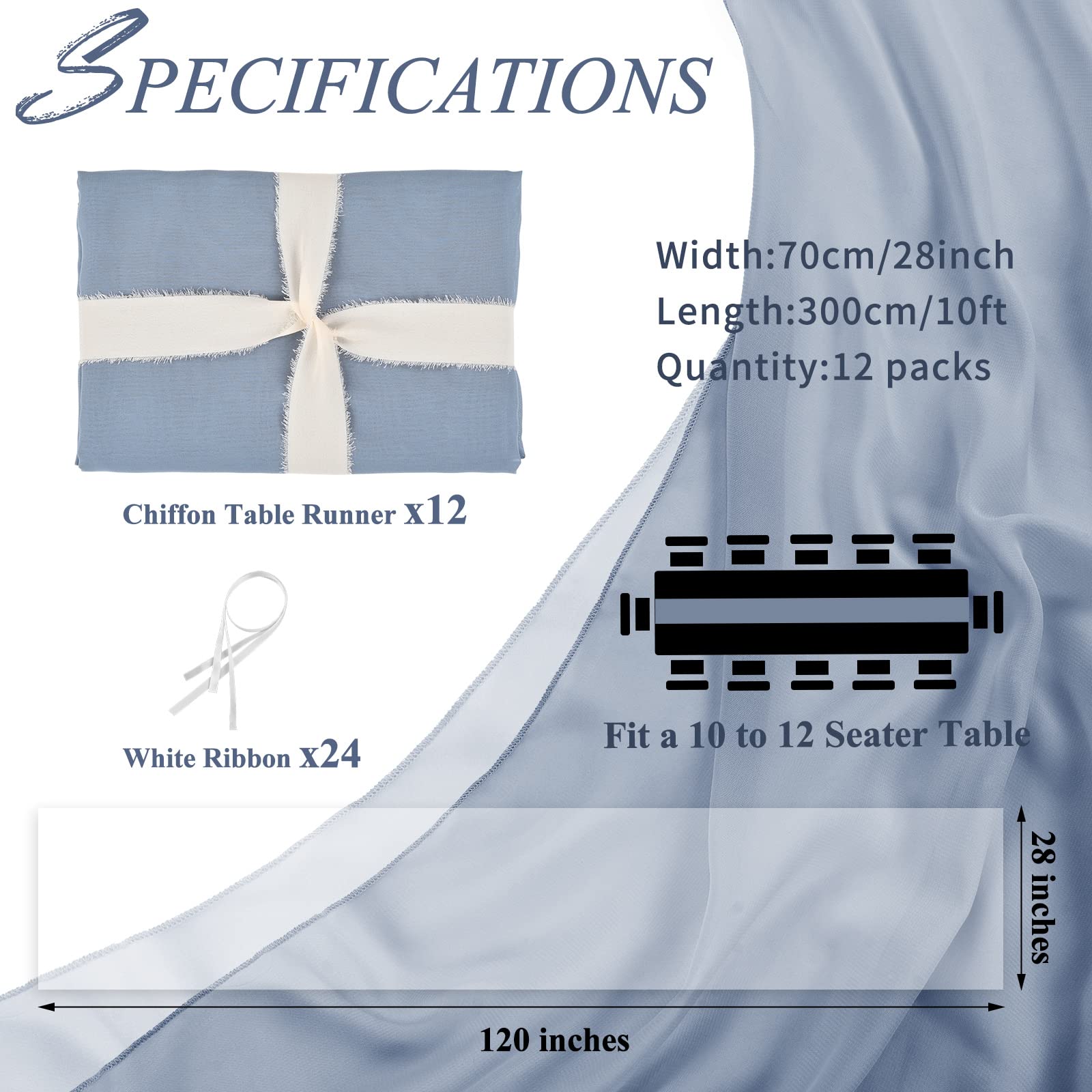 12 Pcs 10Ft Chiffon Table Runner, 28x120 Inches Dusty Blue Romantic Sheer Gauze Table Runners for Wedding, Bridal Shower, Baby Shower, Birthday Party, Cake Table Decor - Elegant & Lightweight for Indoor & Outdoor Events