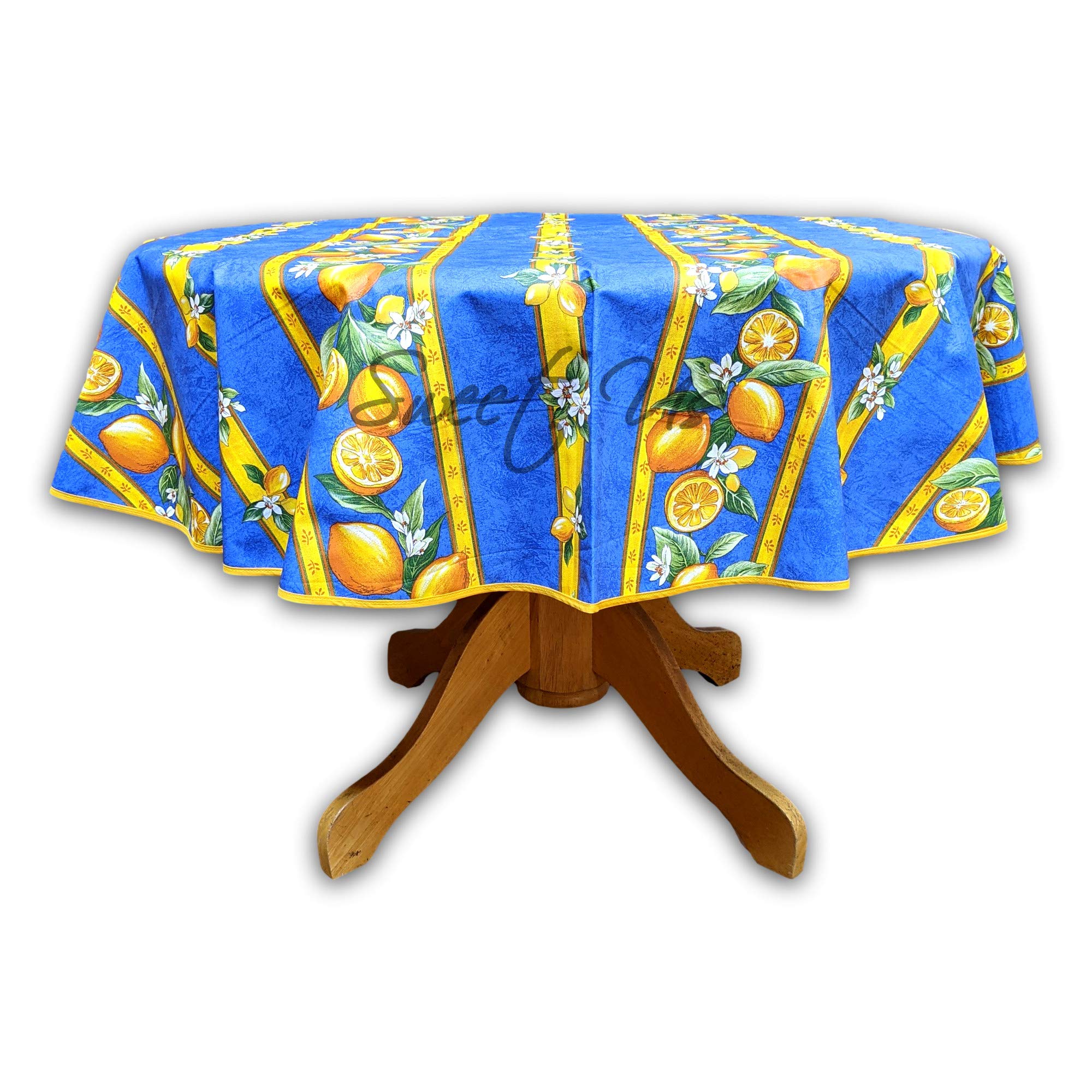 La Cigale Spillproof Wipeable Acrylic Coated Cotton Tablecloth - 60 Inch Round French Provencal Floral Design in Blue Lemon Citron - Perfect for Dining Rooms, Kitchens, Outdoor Patios & Special Occasions