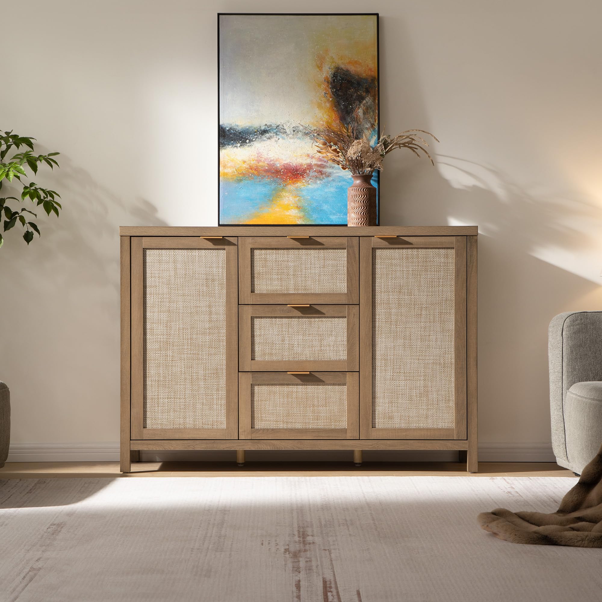 SICOTAS Rattan Large Sideboard Buffet Cabinet with Storage - Farmhouse Style Credenza with 3 Drawers & 2 Doors, Boho Wooden Console Coffee Bar Cabinet for Living Room, Kitchen, Entryway - Perfect for Home Decor, Storage Solution and Entertaining Guests