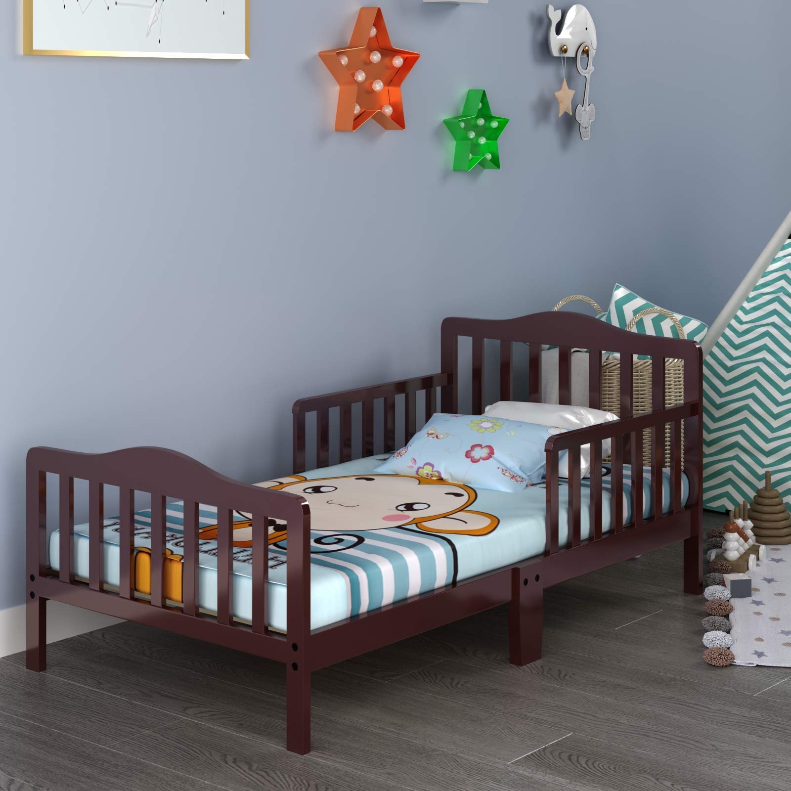 Costzon Toddler Bed - Classic Wooden Kids Bed Frame with Double Safety Guardrail, Low to Floor Design & Wooden Slat Support - Fits Full Size Crib Mattress - Perfect Nursery Furniture for Boys & Girls (Cherry) - Ideal for Safe Toddler Sleep Transition & Small Bedroom Spaces