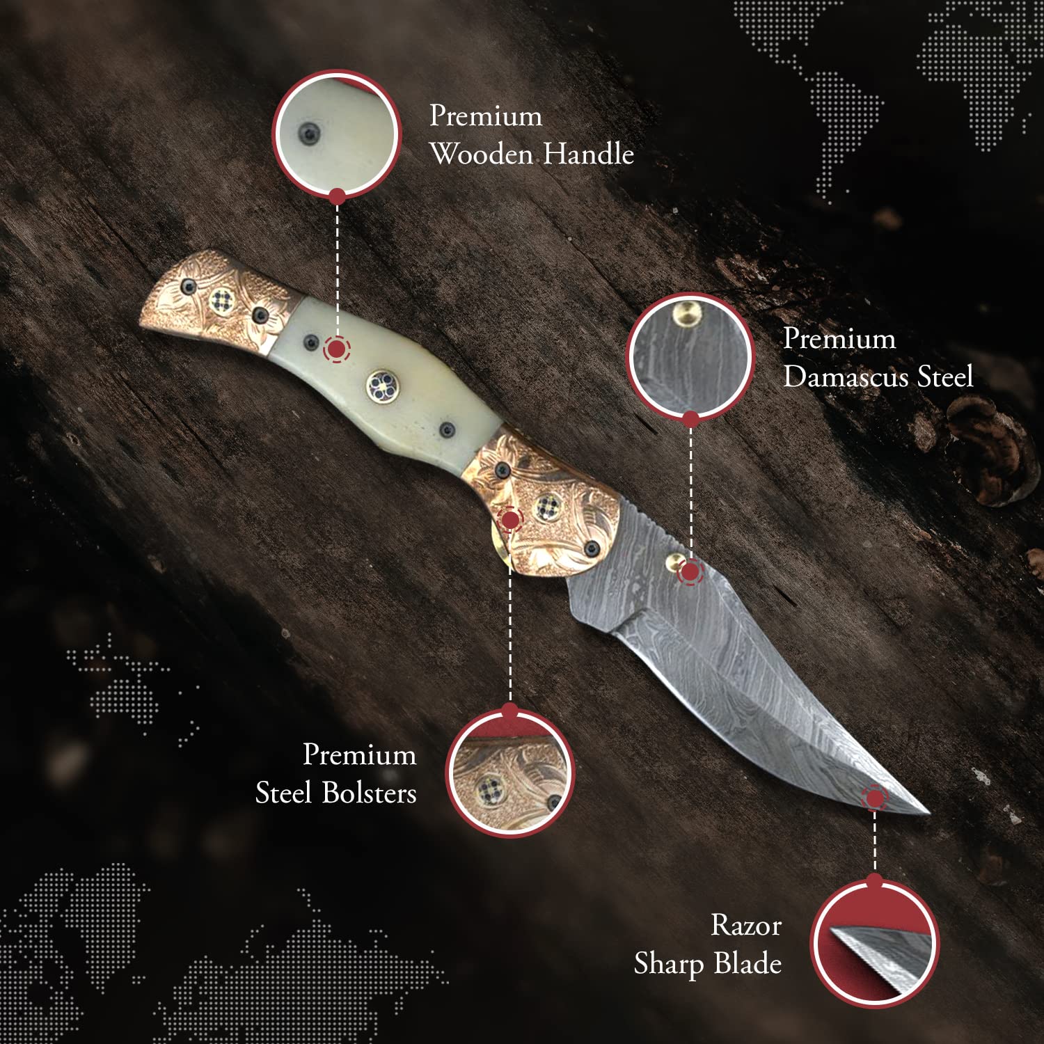 Hand Forged Damascus Steel Folding Pocket Knife - Premium Camping & Survival Knife with Leather Sheath - Handmade Hunting Knife for Outdoor Enthusiasts - Perfect for Camping, Hiking, Bushcraft and Everyday Carry (EDC)