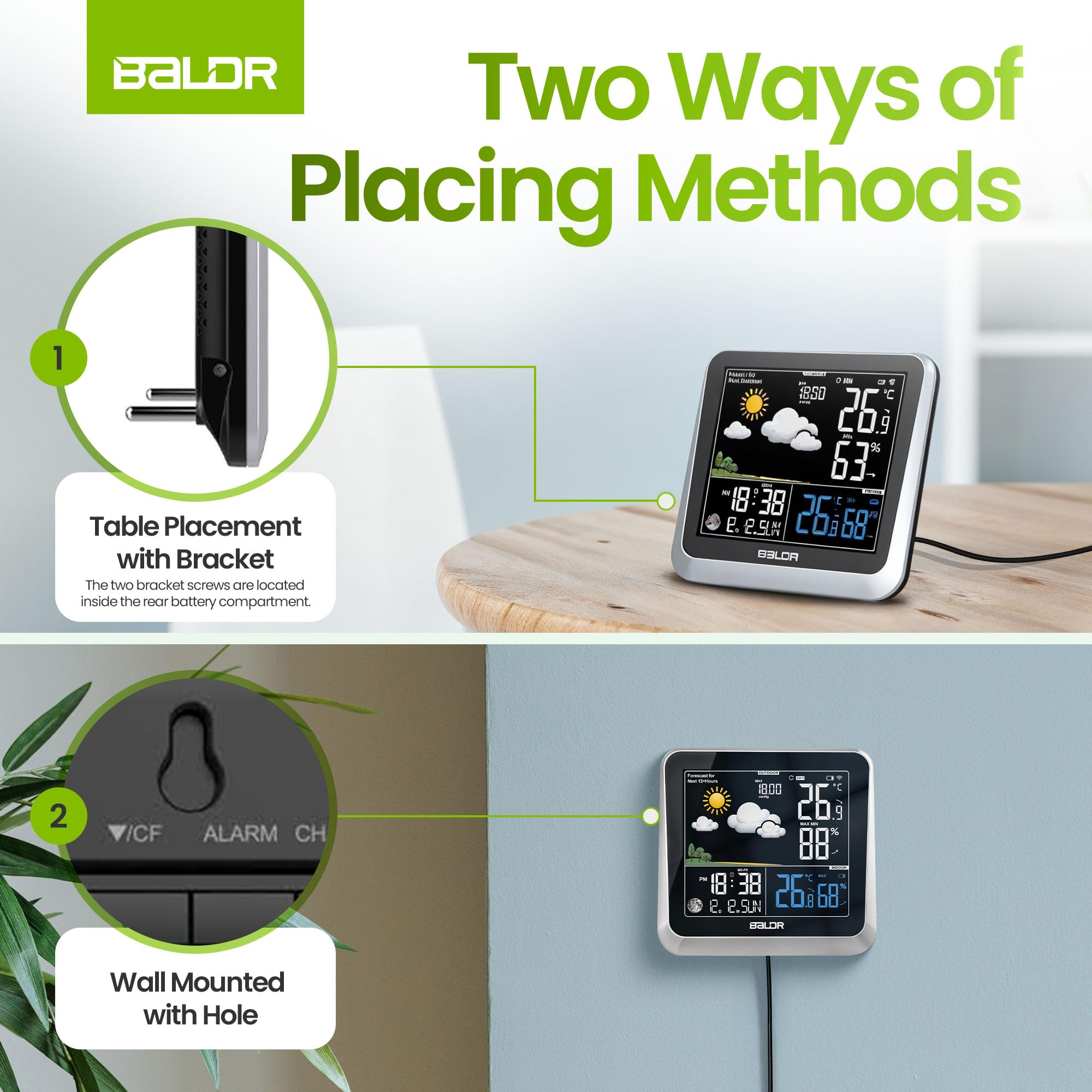 BALDR Wireless Weather Station Clock - Indoor Outdoor Thermometer with Weather Forecast, Barometer & Moon Phase Display - Accurate Temperature Humidity Monitor for Home, Office, Garden & Camping