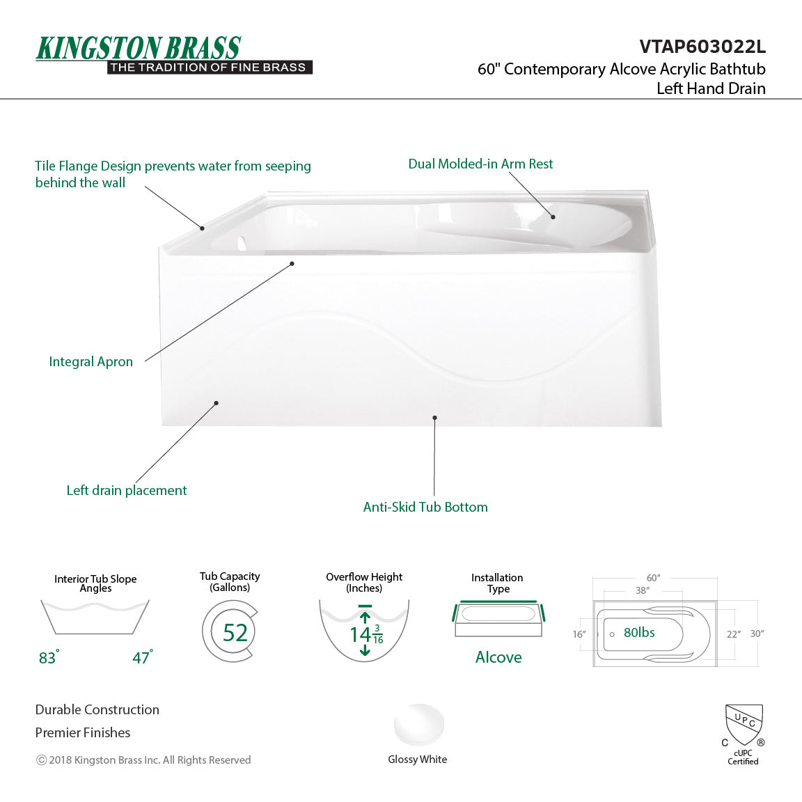 Aqua Eden VTAP603022L 60-Inch Acrylic Rectangular 3-Wall Alcove Bathtub - Anti-Skid Surface, Left Hand Drain, Glossy White - Perfect for Modern Bathrooms & Spa-Like Retreats