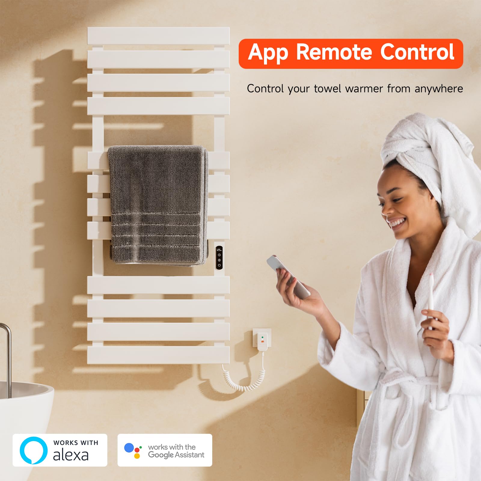 WiFi Heated Towel Warmer Rack - 51 x 22 Inch Electric Towel Warmer for Bathroom with Timer & LED Indicator, 492W Wall Mounted White Towel Rack - Perfect for Spa, Luxury Bathrooms and Cold Weather Comfort