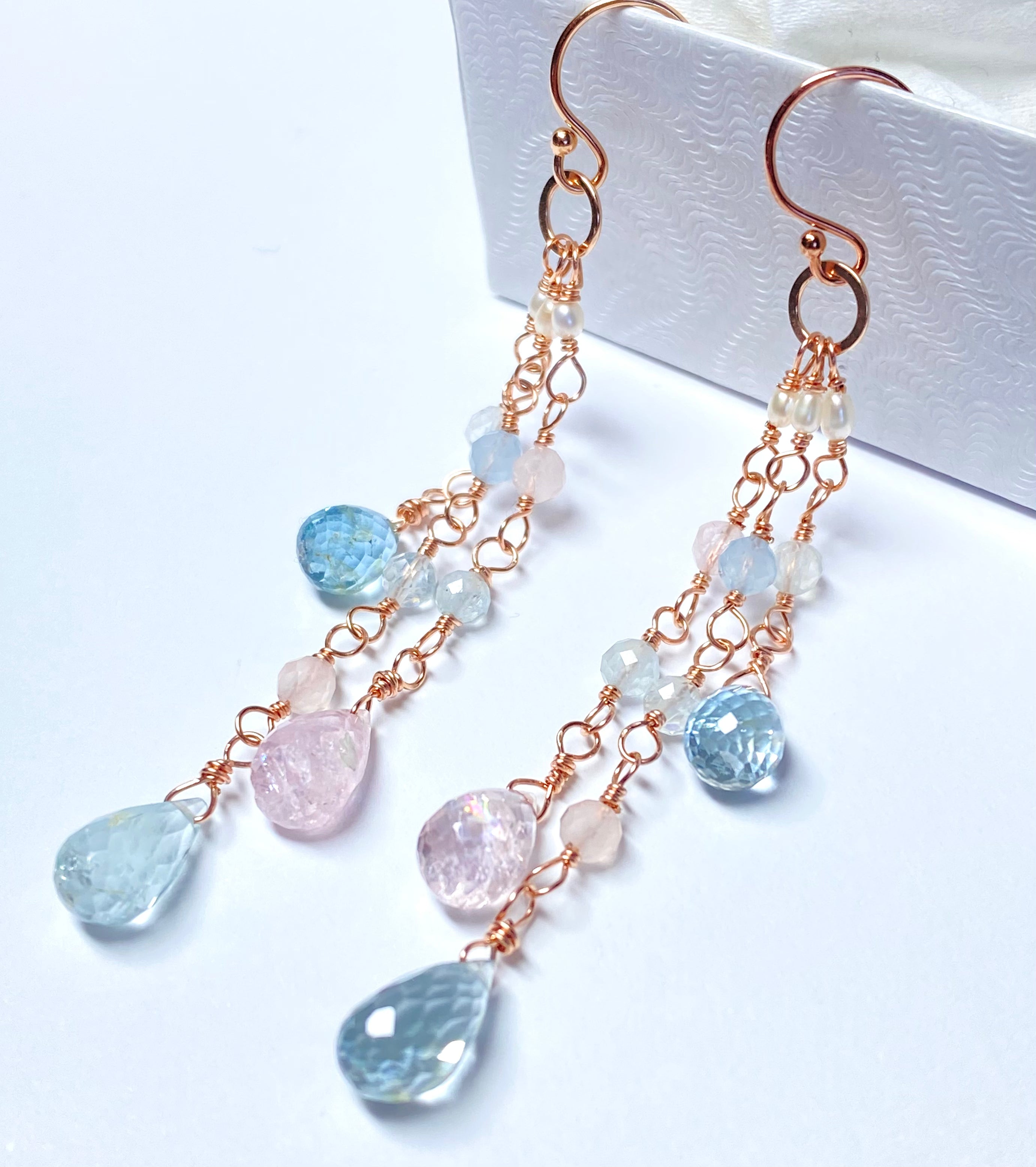 Rose Gold Aquamarine Gemstone Dangle Earrings - Long Tassel Drop Earrings for Women | Perfect for Weddings, Parties & Evening Events