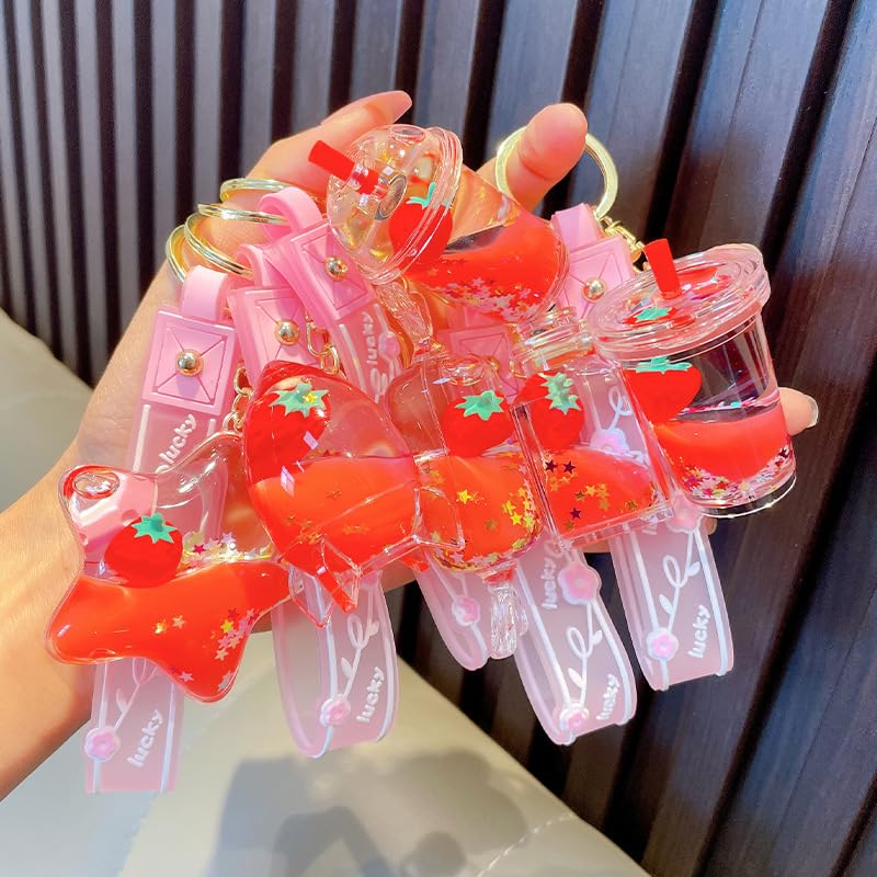 HSYHERE Floating Strawberry Milk Tea Cup Keychain - Cute Bubble Tea Pendant Keyring with Flower Strap for Girls & Women | Perfect for Backpacks, Purses, and Gift Giving
