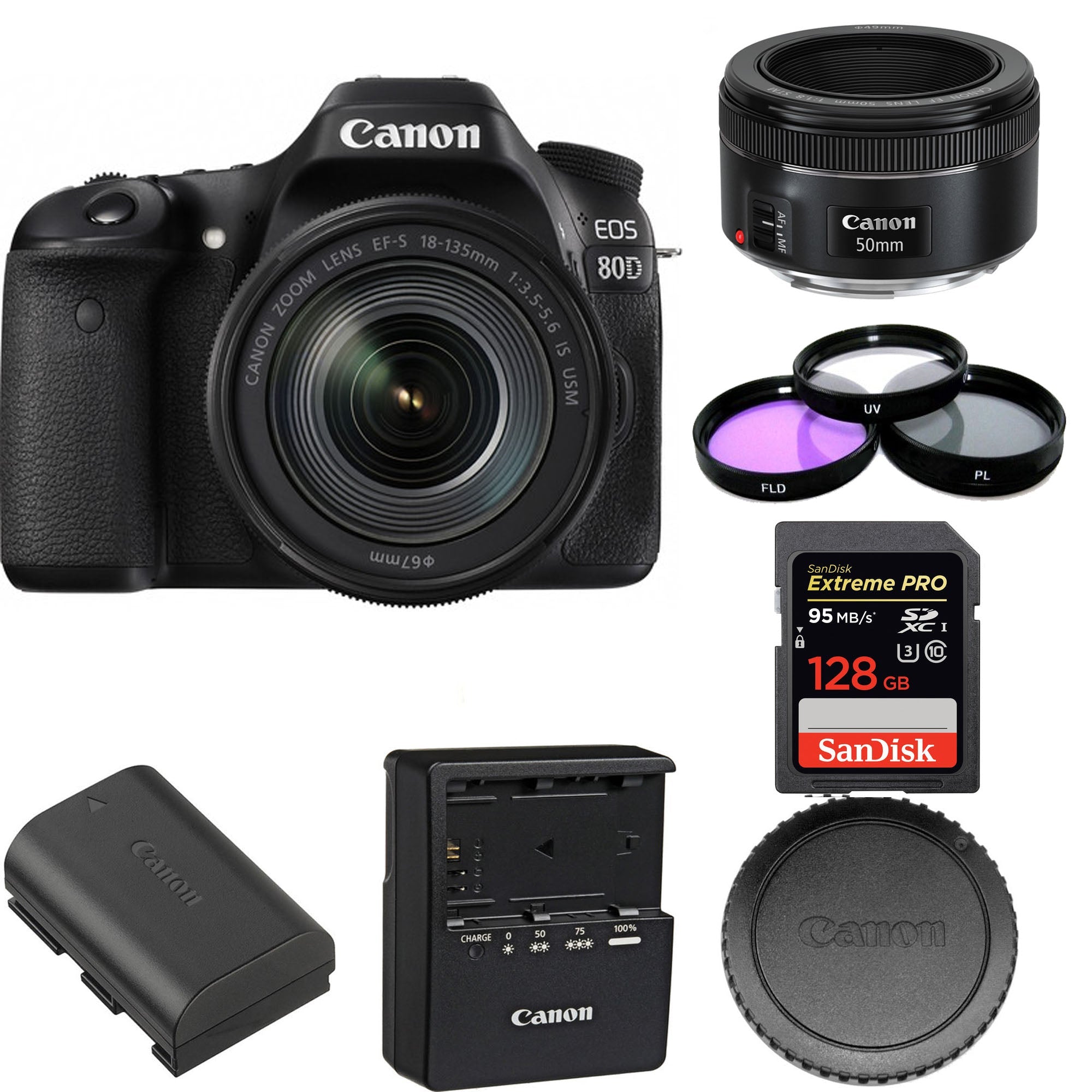 Canon EOS 80D DSLR Camera Bundle with 18-135mm & 50mm f/1.8 STM Lenses + SanDisk 128GB Memory Card - Perfect for Portrait, Travel & Action Photography