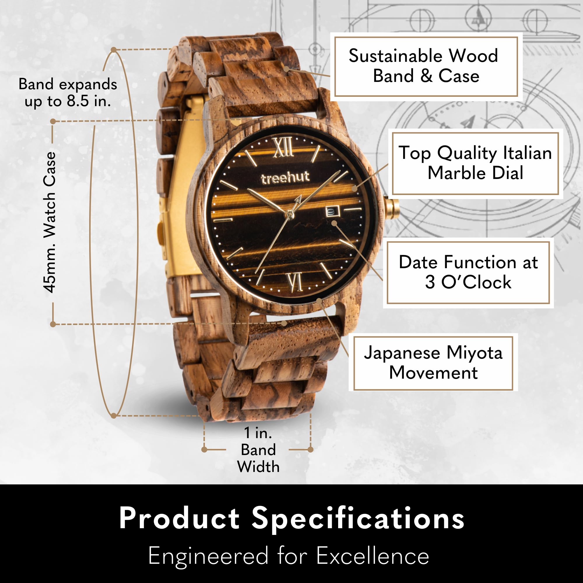 Premium Wooden Watch for Men - Real Wood Strap with Stainless Steel Clasp & Silver Hands - Japanese Quartz Analog Watch with Date Display - Eco-Friendly Wooden Wristwatch in Gift Box - Perfect for Business, Casual Wear & Outdoor Adventures