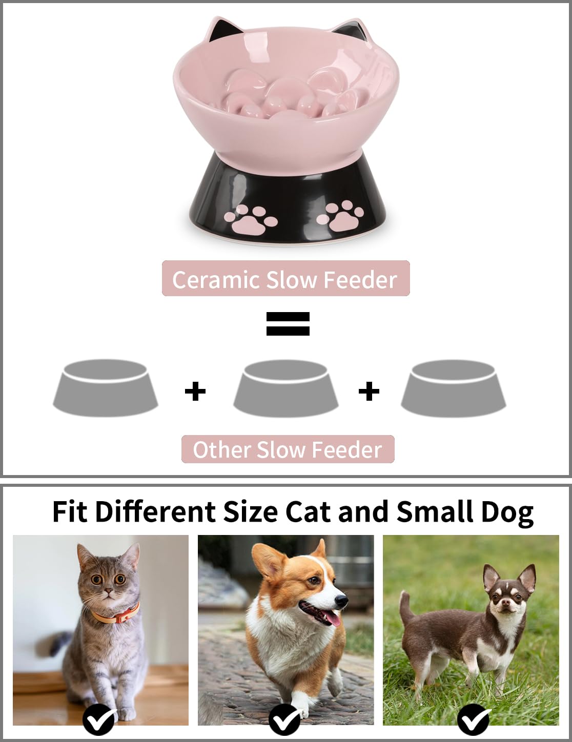 Slow Feeder Cat Bowl with Non-Slip Silicone Base - 6 Inch Elevated Ceramic Pet Food Dish for Dogs & Cats - Anti-Vomiting Design for Dry/Wet Food (Pink) - Perfect for Portion Control & Digestive Health