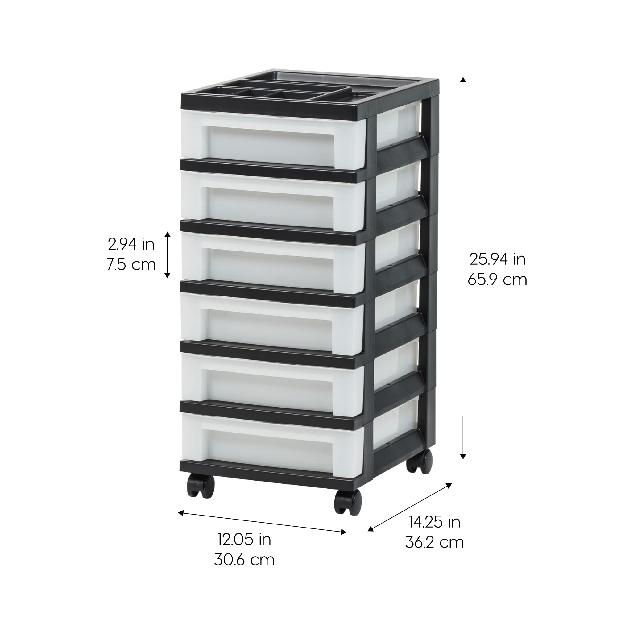 IRIS USA 6-Drawer Rolling Storage Cart with Wheels - Plastic Organizer for Classroom, Craft Supplies, Bedroom, Bathroom & Laundry Room - Black & Pearl - Perfect for Home Organization, Dorm Rooms & Office Storage