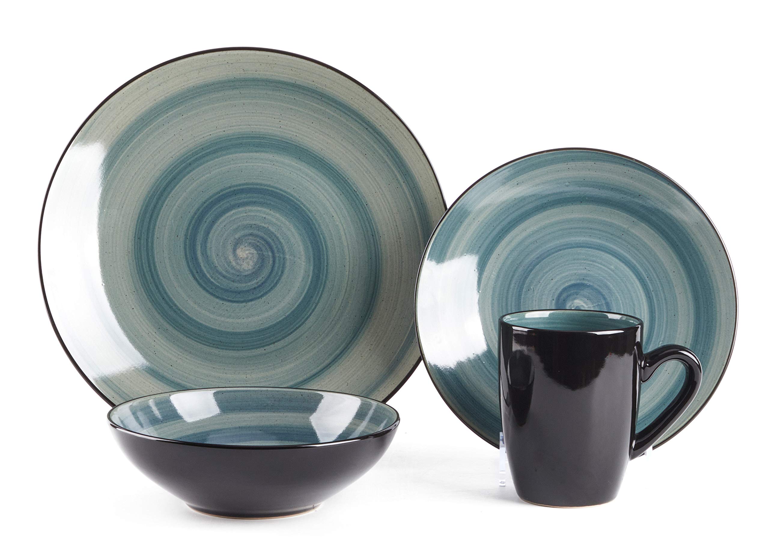 Stoneware Sonoma 16-Piece Dinnerware Set in Black & Speckled Spin Wash Blue - Elegant Dinner Plates, Bowls & Mugs for Everyday Dining & Entertaining