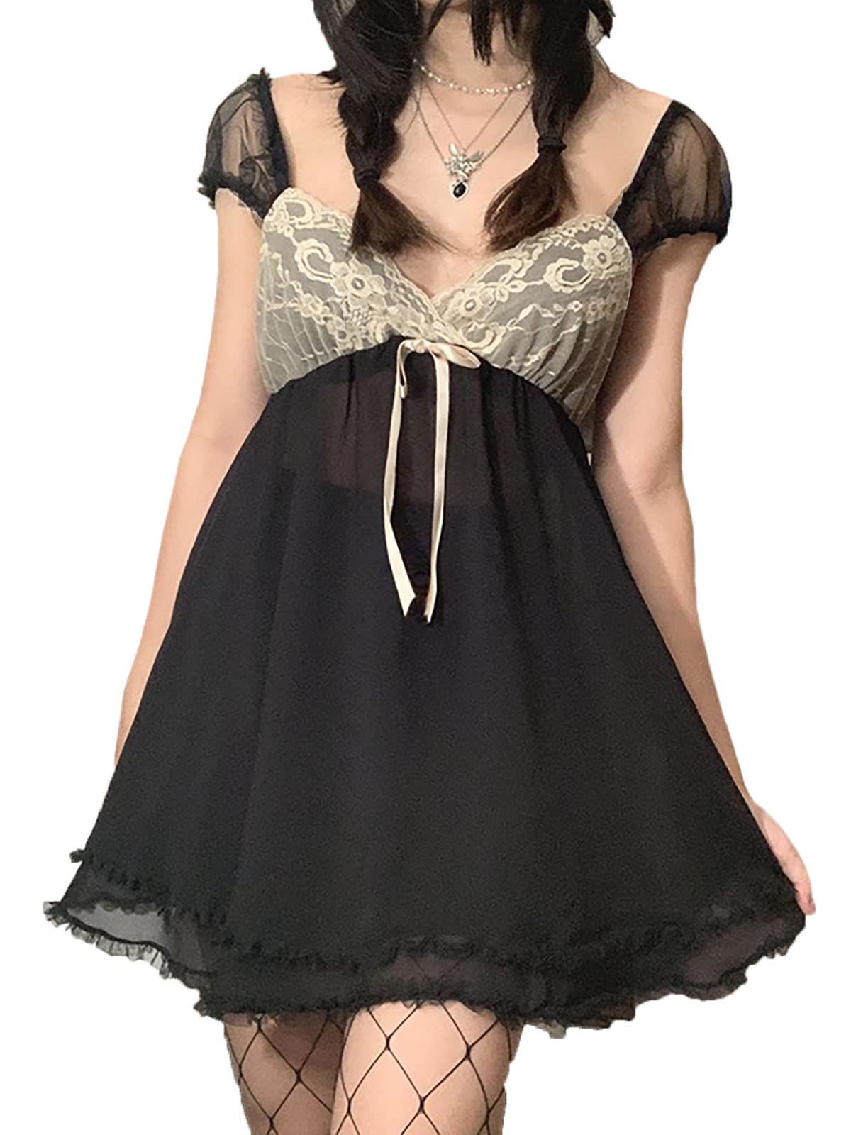 Y2K Fairy Grunge Vintage Dress for Women - V-Neck Short Sleeve Lace Mesh Mini Gothic Dress in Black | Perfect for Concerts, Parties & Retro Fashion Outfits